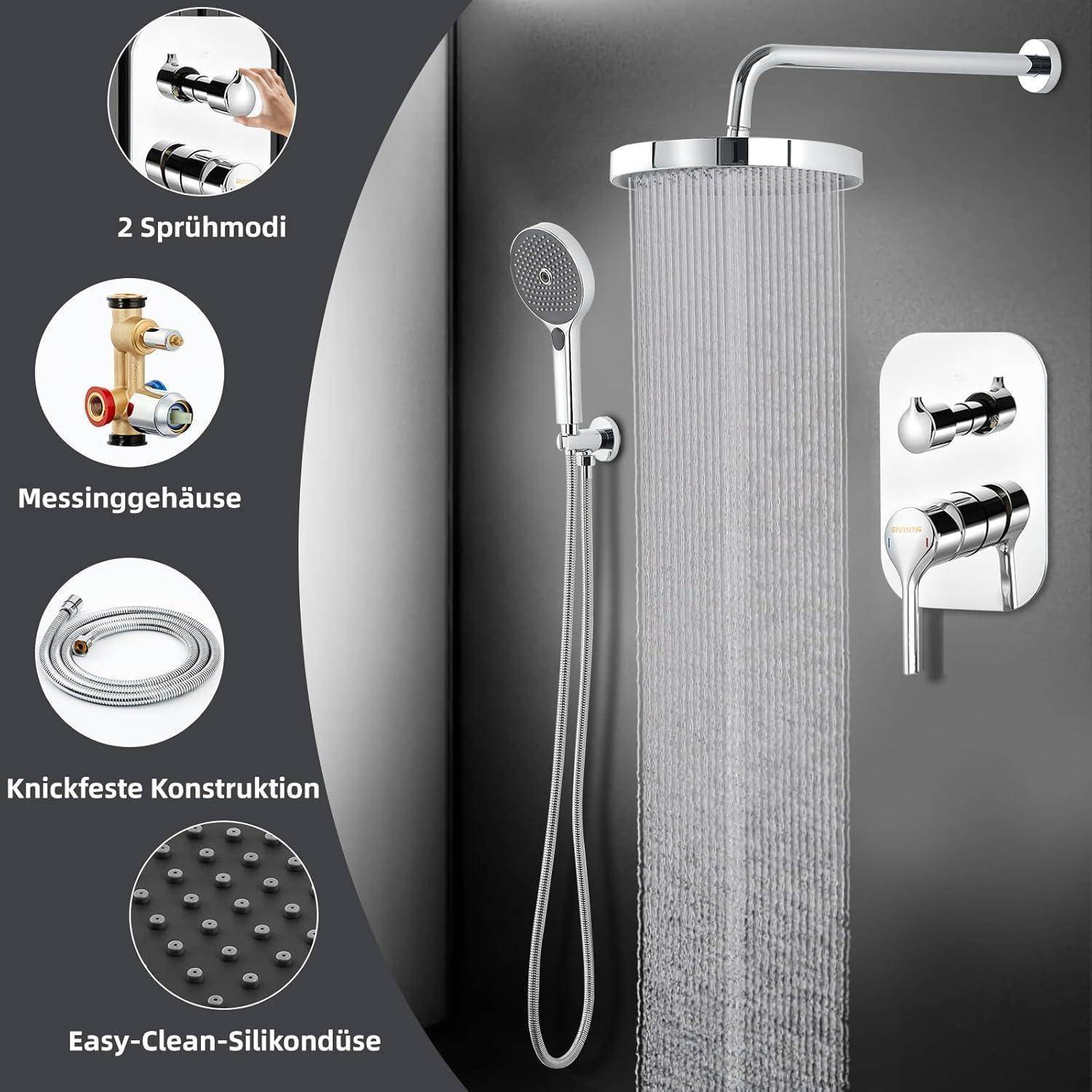 Ronvie Unterputz Duscharmatur Set, 10 Zoll Rund Duschsystem Unterputz mit Regendusche, Duschset Unterputz Komplettset mit Handbrause Chrom Round