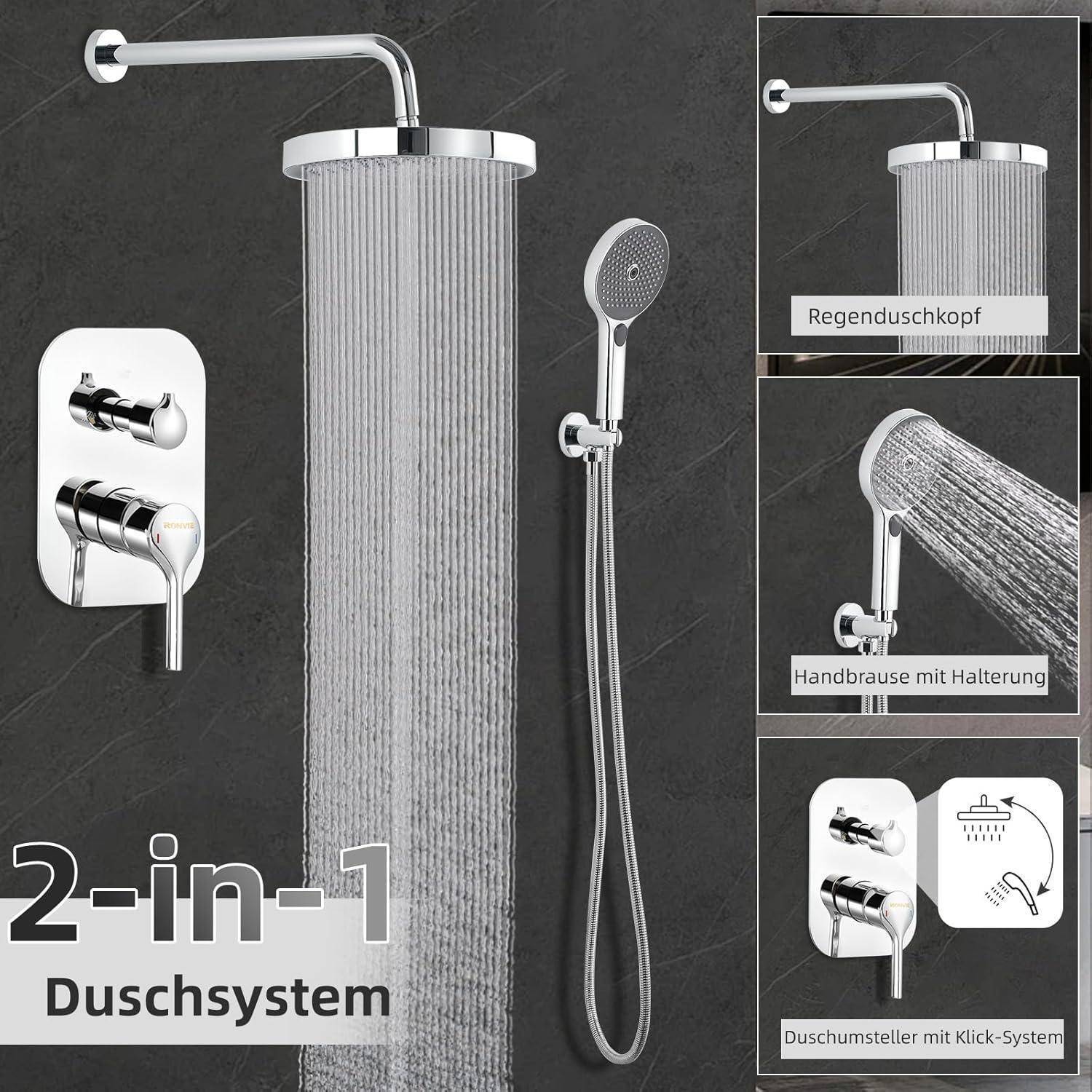 Ronvie Unterputz Duscharmatur Set, 10 Zoll Rund Duschsystem Unterputz mit Regendusche, Duschset Unterputz Komplettset mit Handbrause Chrom Round