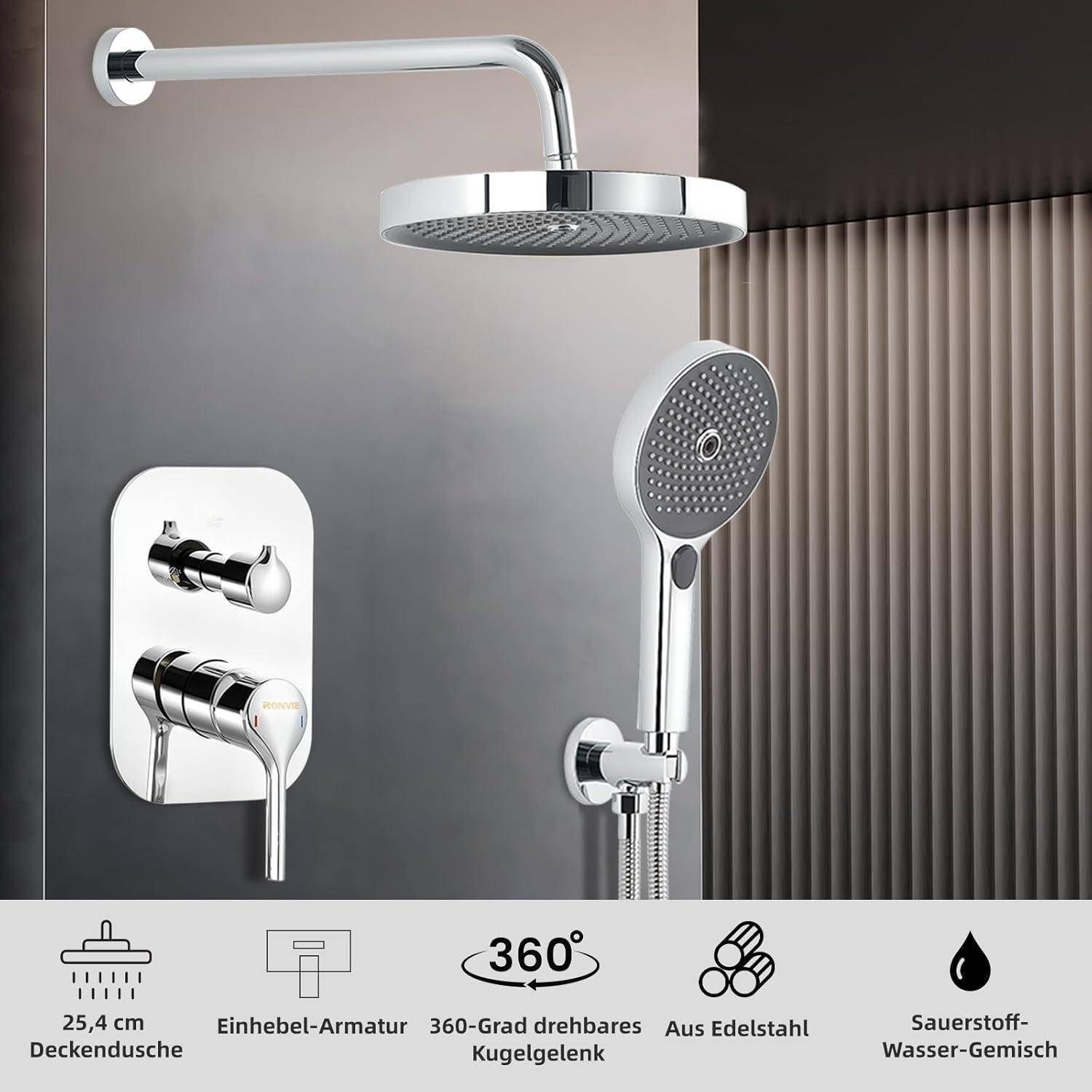 Ronvie Unterputz Duscharmatur Set, 10 Zoll Rund Duschsystem Unterputz mit Regendusche, Duschset Unterputz Komplettset mit Handbrause Chrom Round