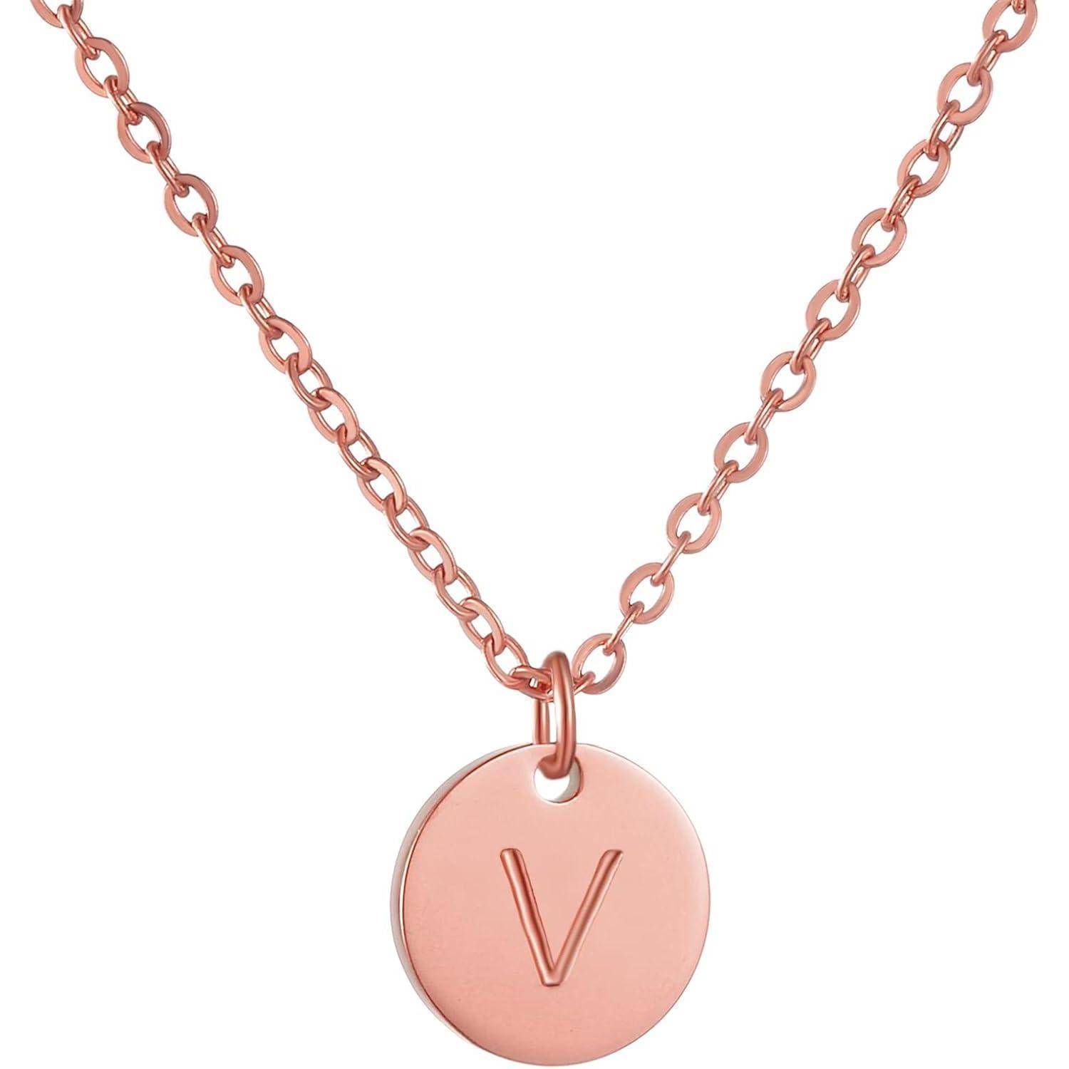 AFSTALR Damen Initialen Kette Buchstaben Anhänger Gold/Rosegold/Silber Kette mit Herzen Geburtstagsgeschenk für Mädchen Roségold-V