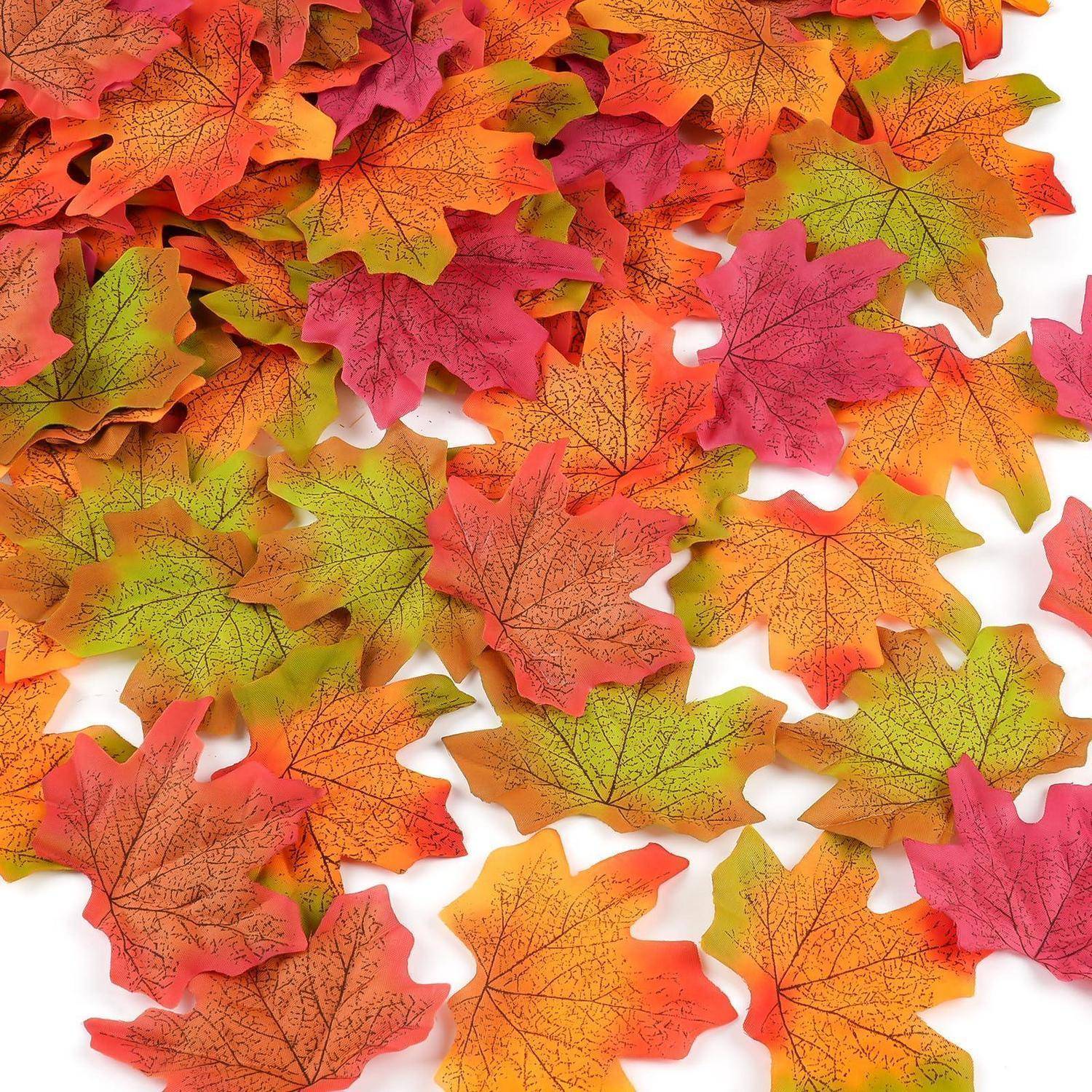 Ein verstreuter Haufen bunter Herbst-Ahornblätter in Rot, Orange und Gelb auf weißem Hintergrund.
