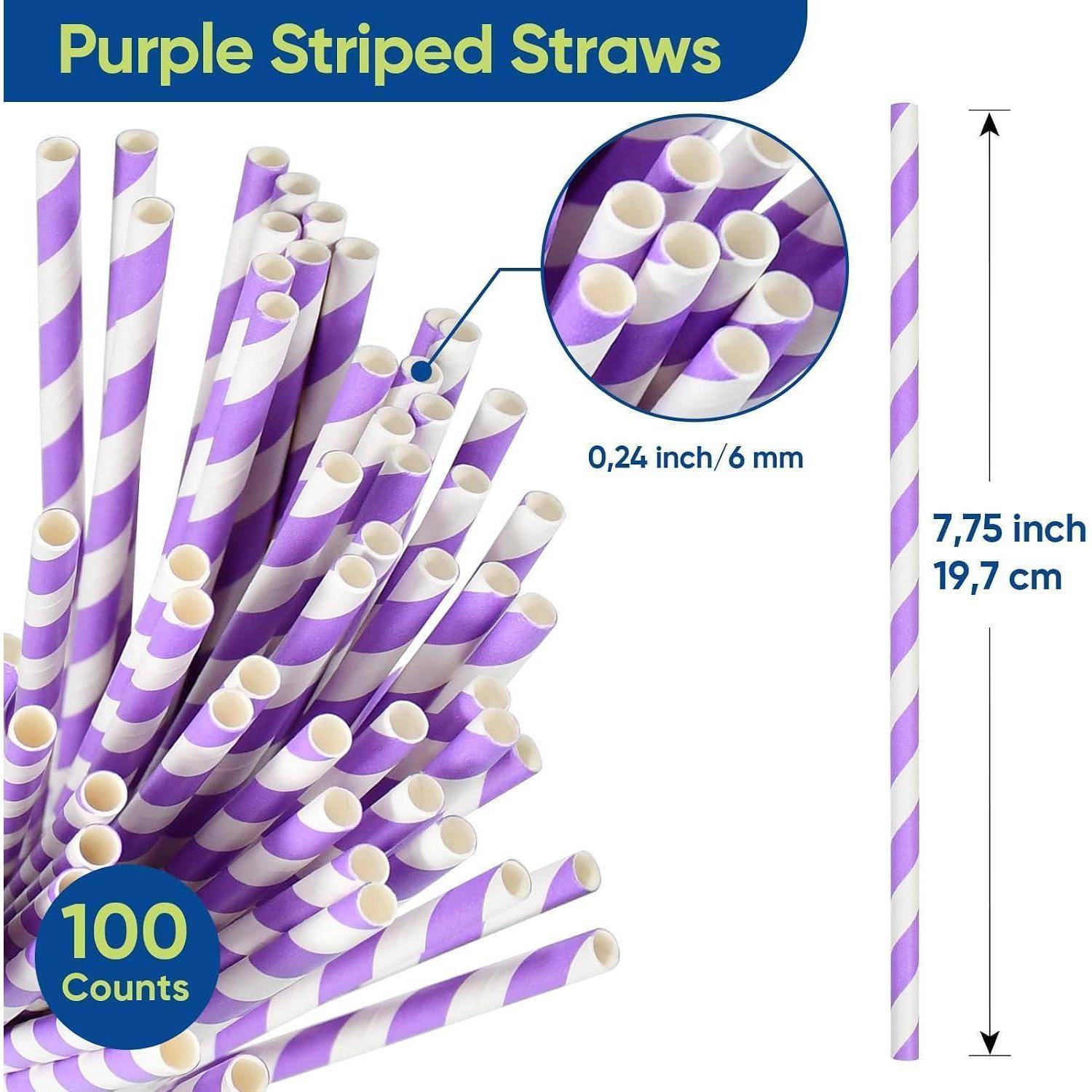 Produktbild von violett gestreiften Strohhalmen, das eine 100er-Packung zeigt, Strohdurchmesser 0,24 Zoll/6 mm und Länge 7,75 Zoll/19,7 cm.