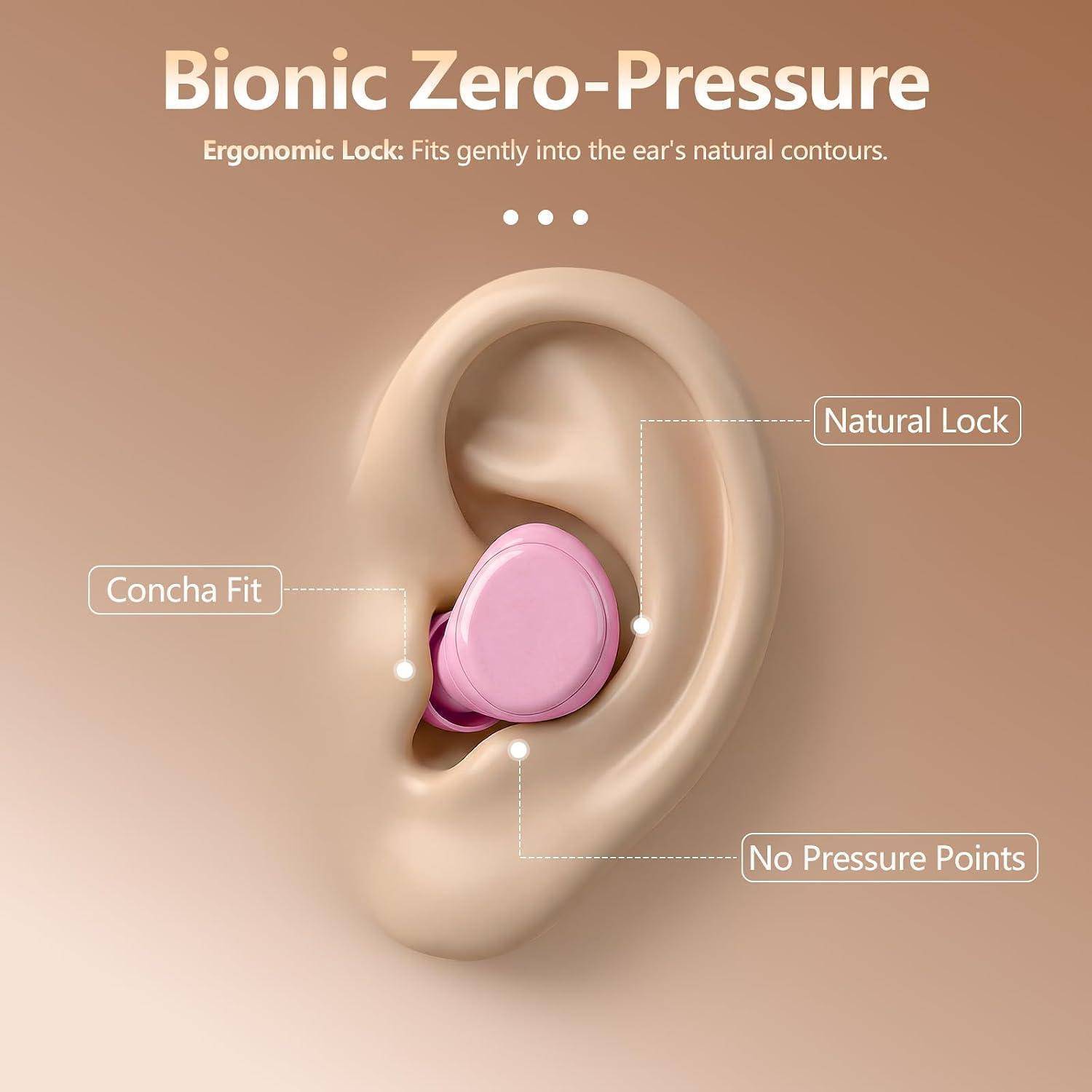 Illustration eines Ohrstöpsels, der perfekt in ein Ohr passt, beschriftet mit „Bionic Zero-Pressure