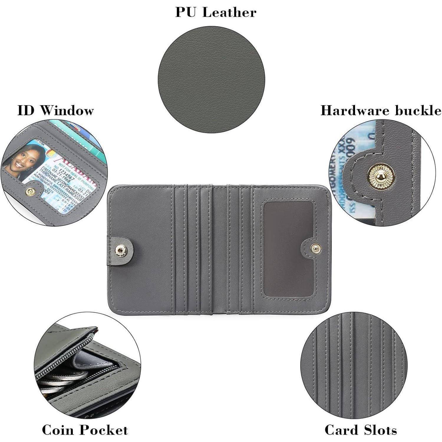 Grauwalzen aus PU-Leder mit Bifold-Design, ID-Fenster, Münzfach, Hardware-Schnalle und mehreren Kartensteckplätzen in detaillierten Vergrößerungen dargestellt.
