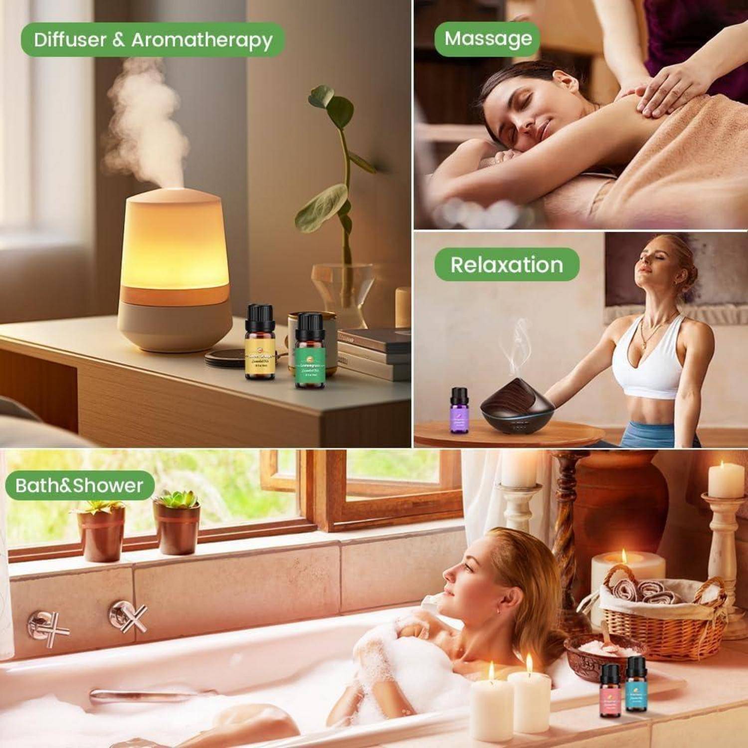 Collage von Spa-Wellness-Szenen: Diffuser und ätherische Öle, Massage, Frau entspannt sich mit Aromatherapie und ein Bad- und Duschbereich mit Kerzen und Ölen.