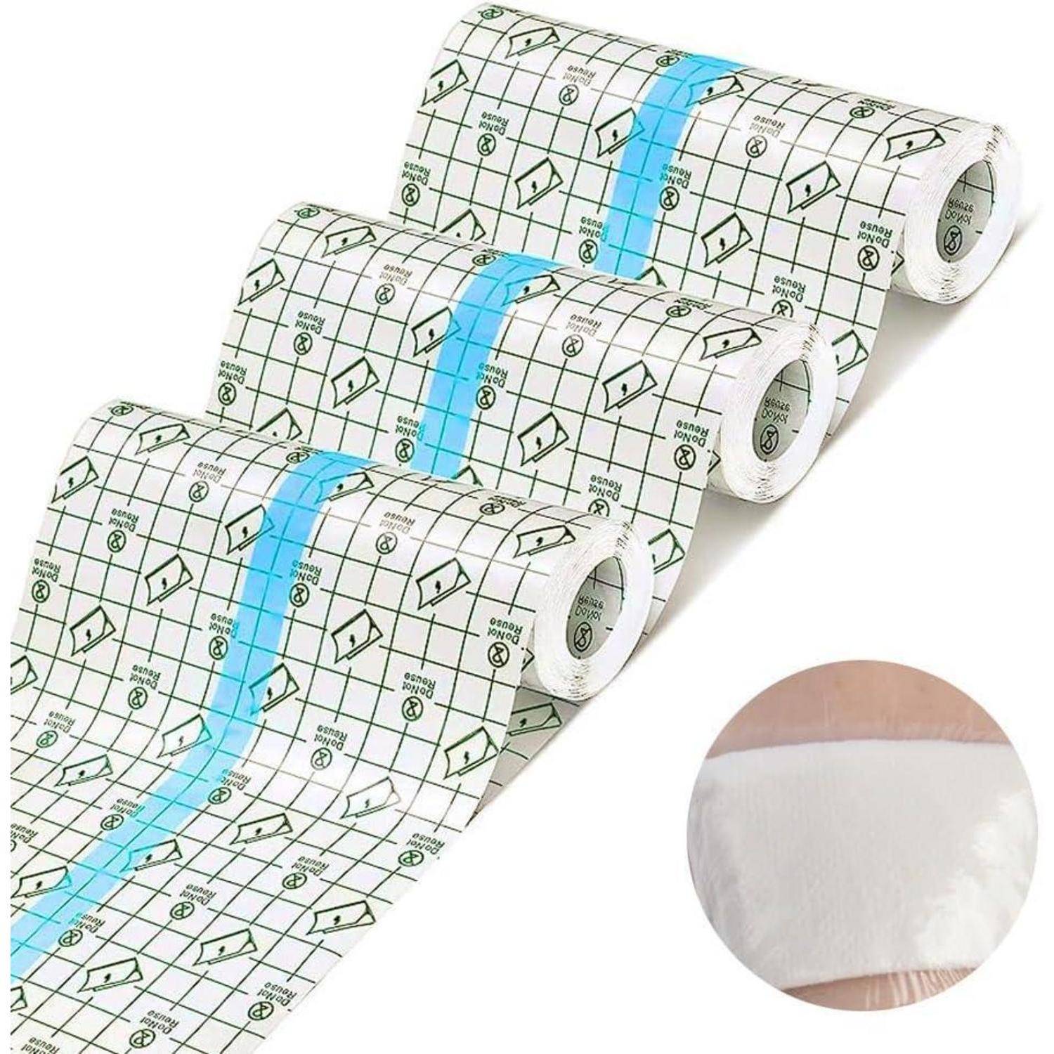 Rollen von Einweg-Unterlegmatten mit blauem Absorptionsstreifen, übereinander angeordnet gezeigt, mit einer Nahaufnahme des weichen weißen Absorptionsmaterials.