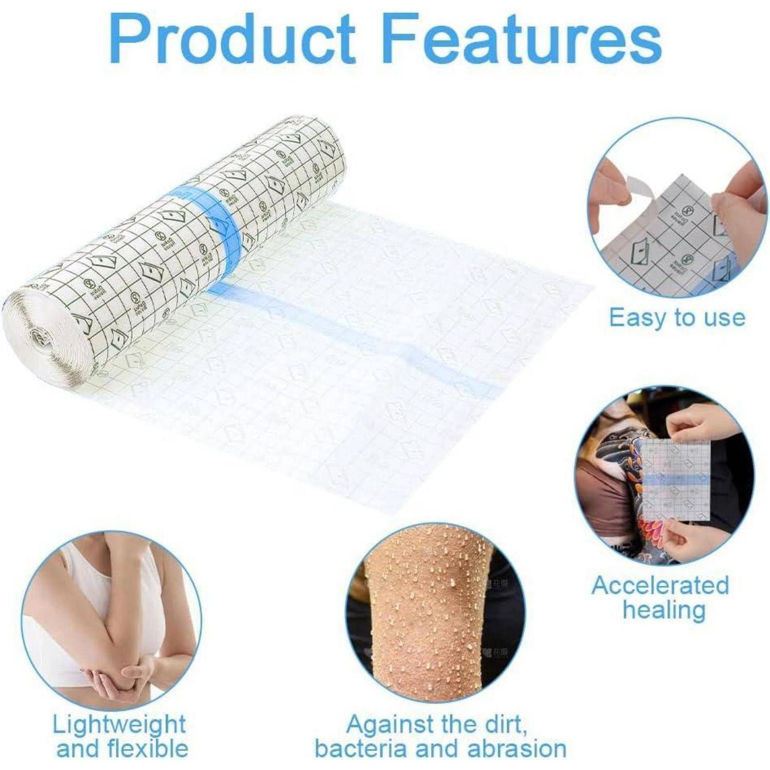 Produktmerkmale-Grafik mit einer Rolle von transparenter selbstklebender Folie; Beschriftungen heben hervor: einfach zu handhaben, beschleunigte Heilung, leicht und flexibel, sowie Barriere gegen Schmutz und Bakterien.