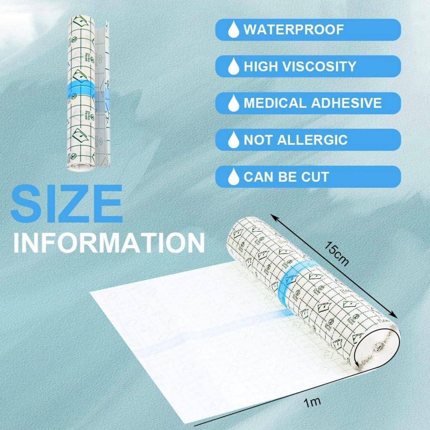 Produktgrößeninformationen für eine medizinische Klebrollen: wasserdicht, hochviskos, hypoallergen, schneidbar; die Rolle misst 15 cm x 1 m, wenn sie ausgerollt wird.