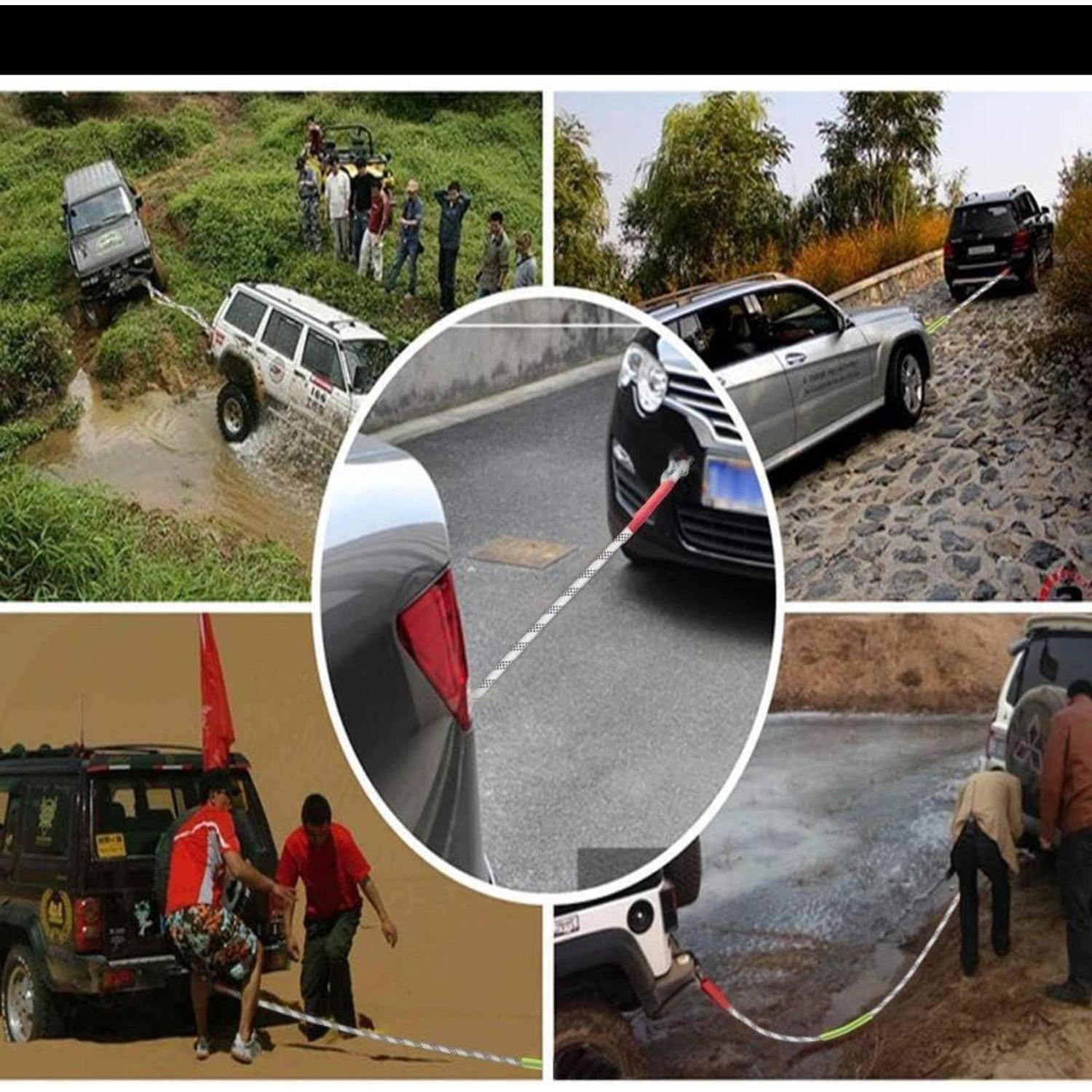 Collage aus vier Abschleppszenen, die Fahrzeuge zeigen, die aus schlammigen Gräben und Straßenböschungen geborgen werden, sowie eine Nahaufnahme eines Abschleppseils, das ein Auto hinter einem anderen zieht.