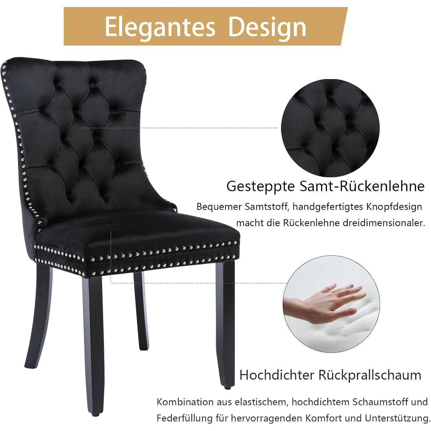 Schwarzer gepolsterter Esszimmerstuhl mit gestepptem Rücken und Nietenzier, gekennzeichnet als „Elegantes Design