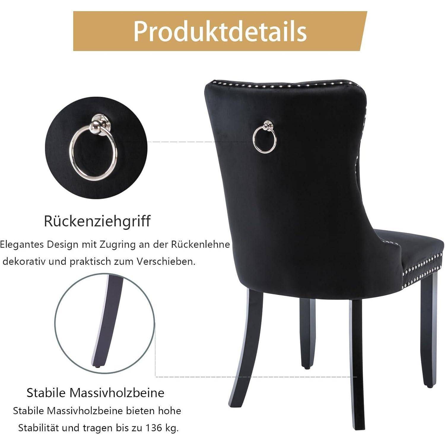 Produktdetails für einen schwarz gepolsterten Stuhl mit Zugring an der Rückenlehne und massiven Holzbeinen; der Text hebt die einfache Beweglichkeit und Stabilität bis 136 kg hervor.