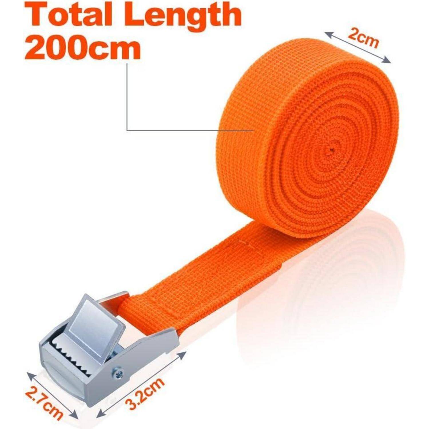 Orange Kameraverschluss-Riemen auf Rolle, Gesamtlänge 200 cm, 2 cm breit, mit Metallschnalle in den Maßen 2,7 x 3,2 cm.