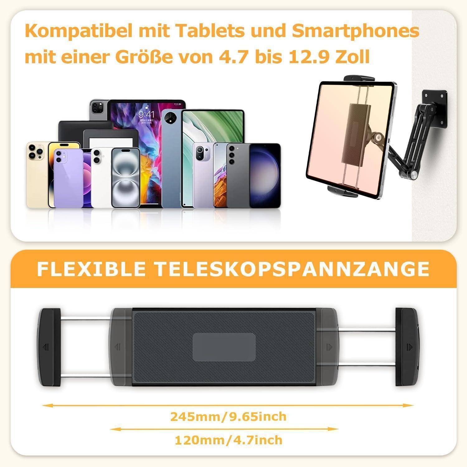 Diagramm einer flexiblen Teleskop-Halterung für Tablets und Telefone, kompatibel mit Geräten von 4,7 bis 12,9 Zoll, mit verstellbarer Breite von 120 mm bis 245 mm.