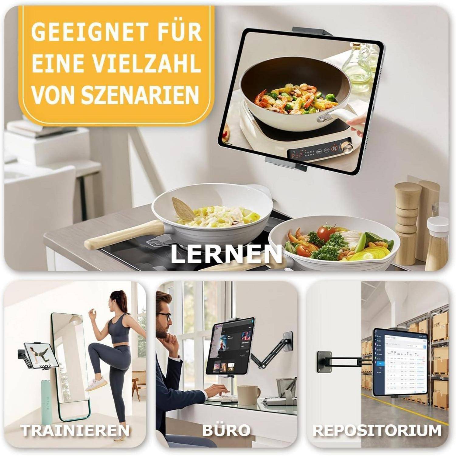 Wandmontiertes Tablet in einer Küche und Verwendungsbeispiele: Lernen, Schulung, Büro und Repository.