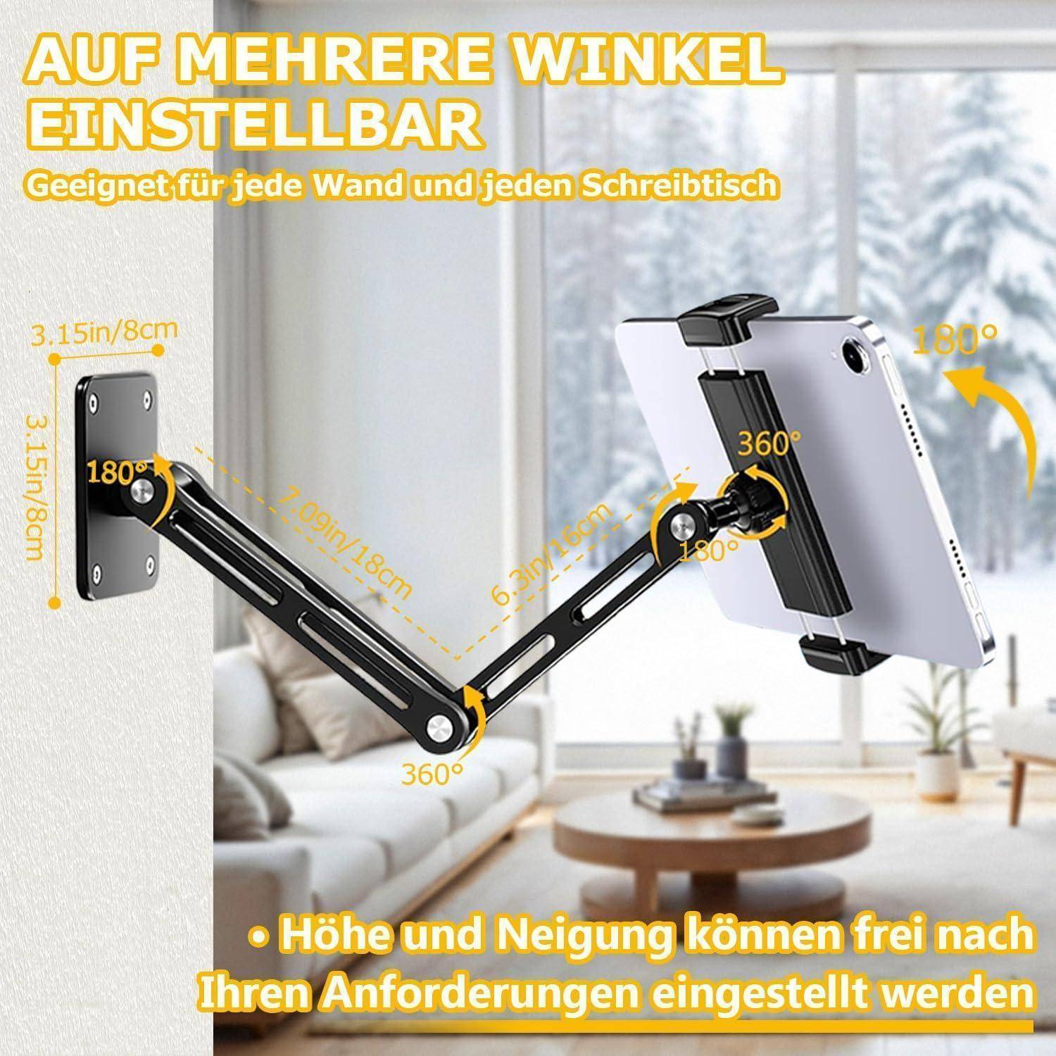 Verstellbarer wandmontierter Tablet-Arm mit mehreren 180°- und 360°-Gelenken, hier abgebildet mit einem Tablet neben einem Schreibtisch; deutscher Text hebt flexible Positionierungsmöglichkeiten hervor.