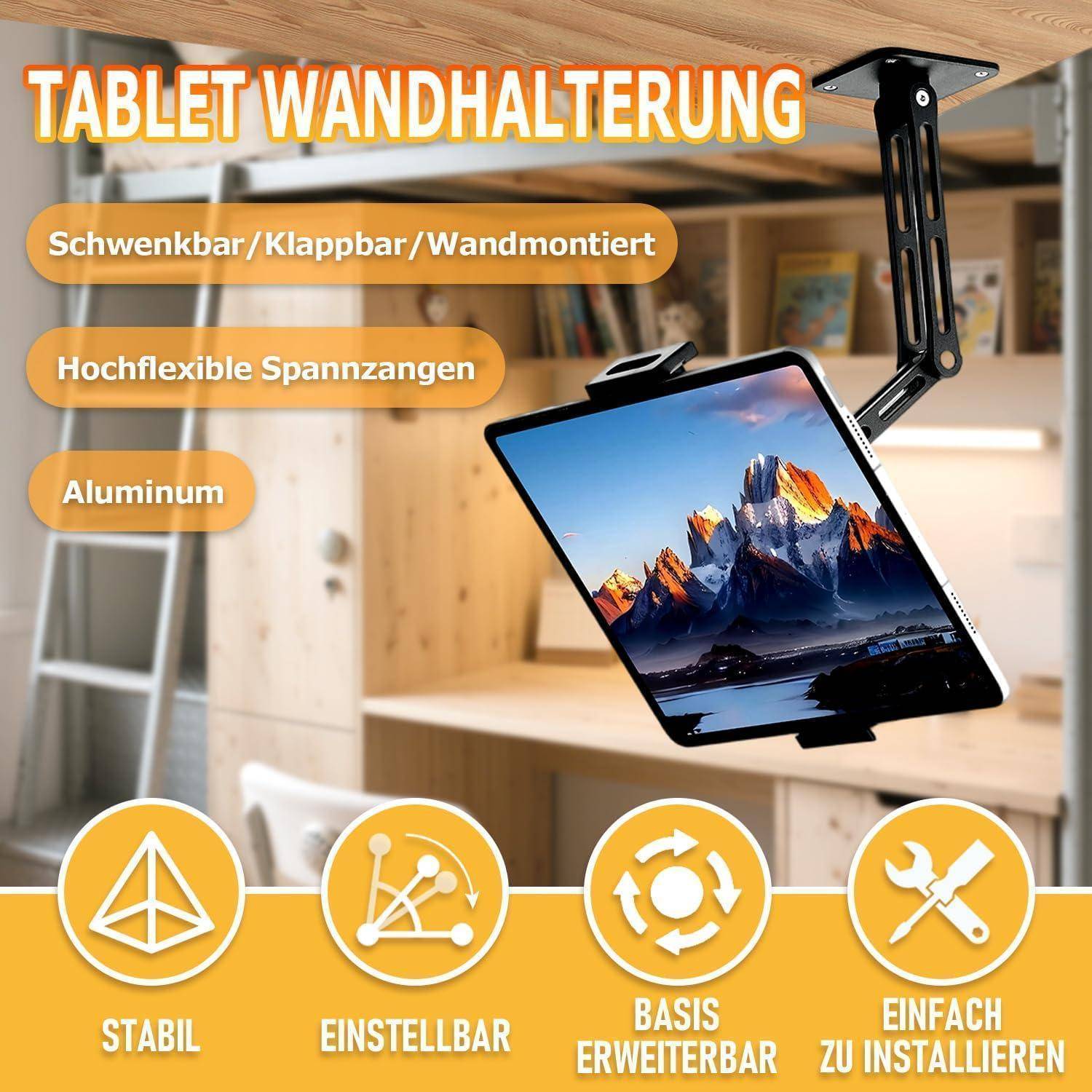 Tablet Wandhalterung, Aluminium ausziehbare iPad Wandhalterung, 3-Fach 360° Schwenkbar,Höhenverstellbar &amp; Faltbar Tablet Halterung Wand, für iPhone
