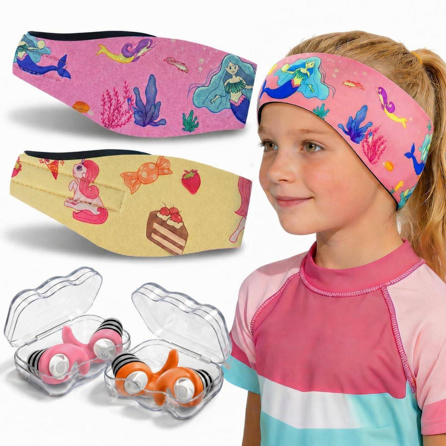 Kind, das ein rosa Schwimm-Stirnband trägt, gezeigt mit zwei gemusterten Stirnbändern und zwei durchsichtigen Behältern mit Silikon-Ohrstöpseln, wahrscheinlich ein Produktbild für Schwimmausrüstung.