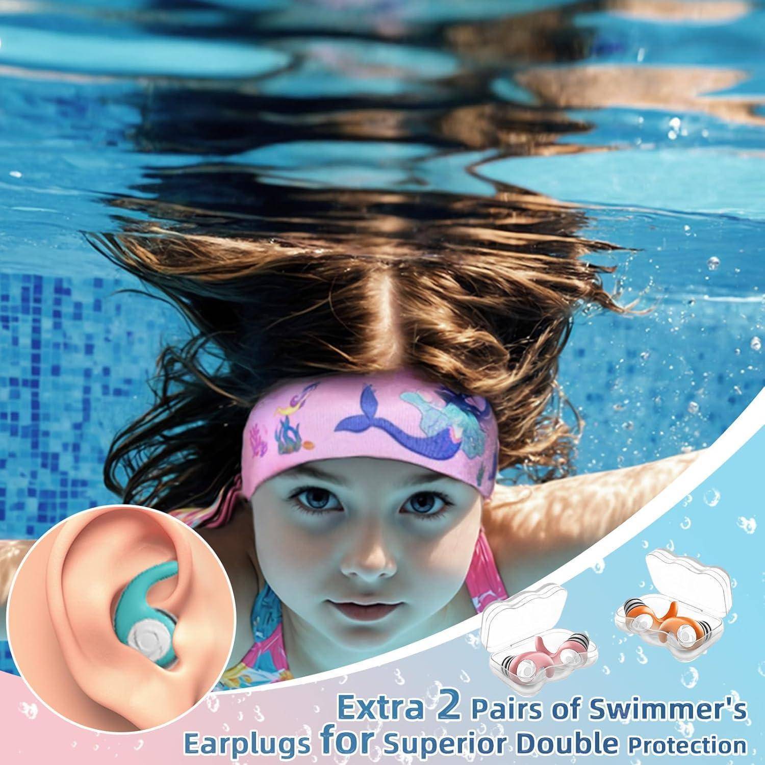 Werbebild eines Mädchens, das unter Wasser schwimmt und rosa Ohrenschützer und Ohrhörer trägt, mit Text, der „2 zusätzliche Paar Schwimm-Ohrstöpsel für überlegenen Doppelschutz