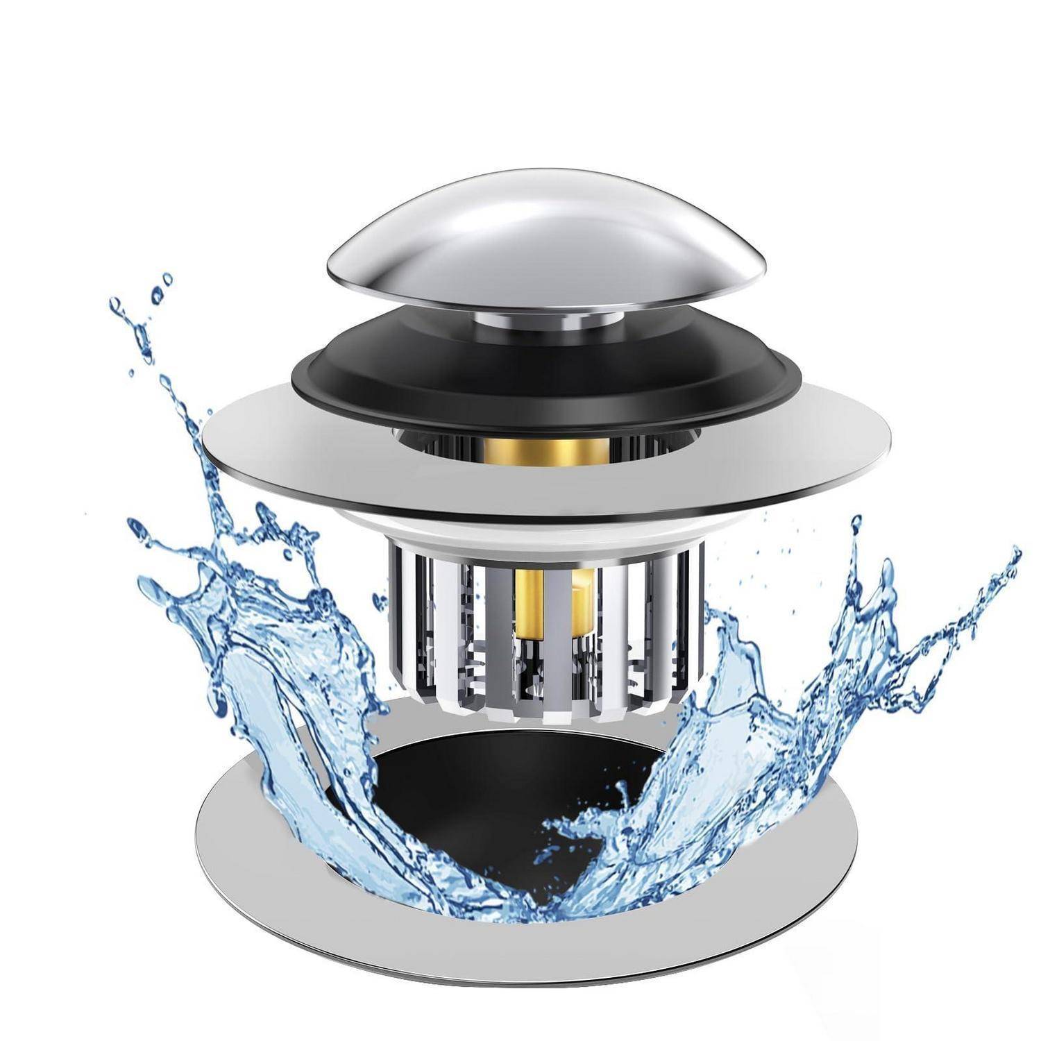 Explodierte Ansicht eines wasserdichten Pop-Up-Lautsprechers oder einer wasserdichten Vorrichtung mit Wasserspritzern um die zylindrischen internen Komponenten und das Metall-Ober- und Unterteil.