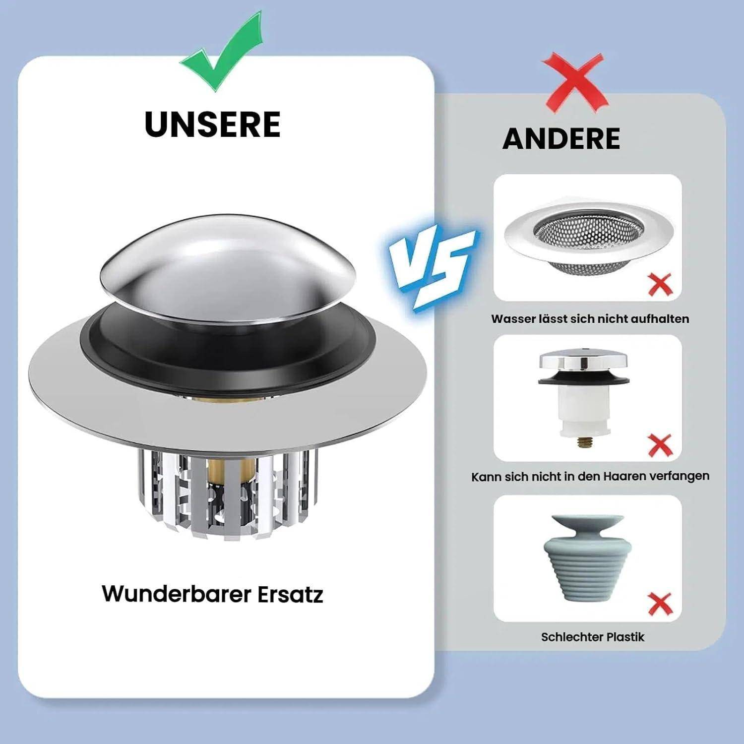 Vergleichsgrafik zeigt 'UNSERE' Ablassschraube mit grünem Haken als besserer Ersatz im Vergleich zu 'ANDERE' Produkten mit roten X-Symbolen, die Wasserblockade, Haarverfangungen und minderwertiges Kunststoffmaterial hervorheben.