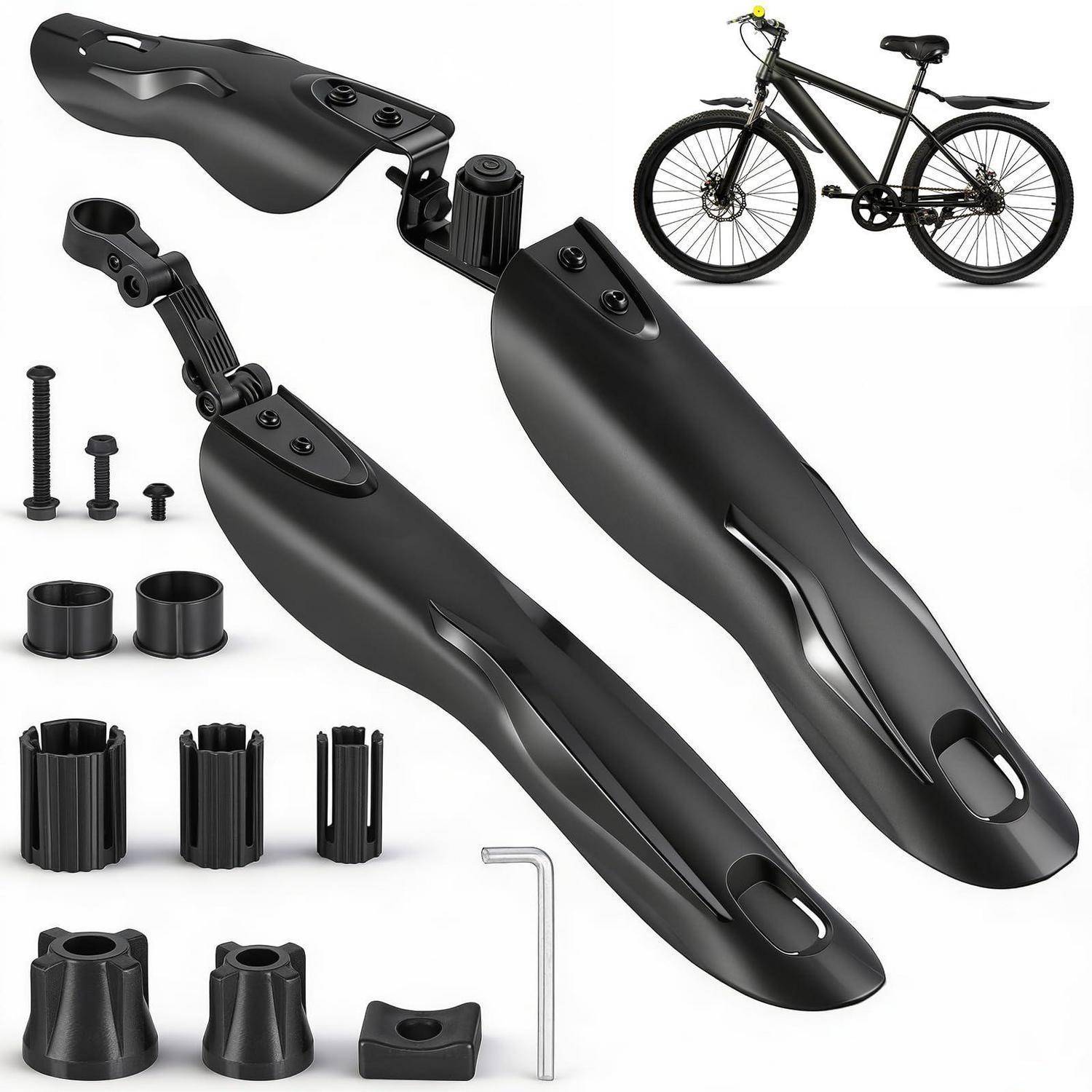 Schwarze Fahrradfender, gezeigt mit Befestigungsteilen und einem eingefügten Bild eines Fahrrads, das die montierte Passform demonstriert.