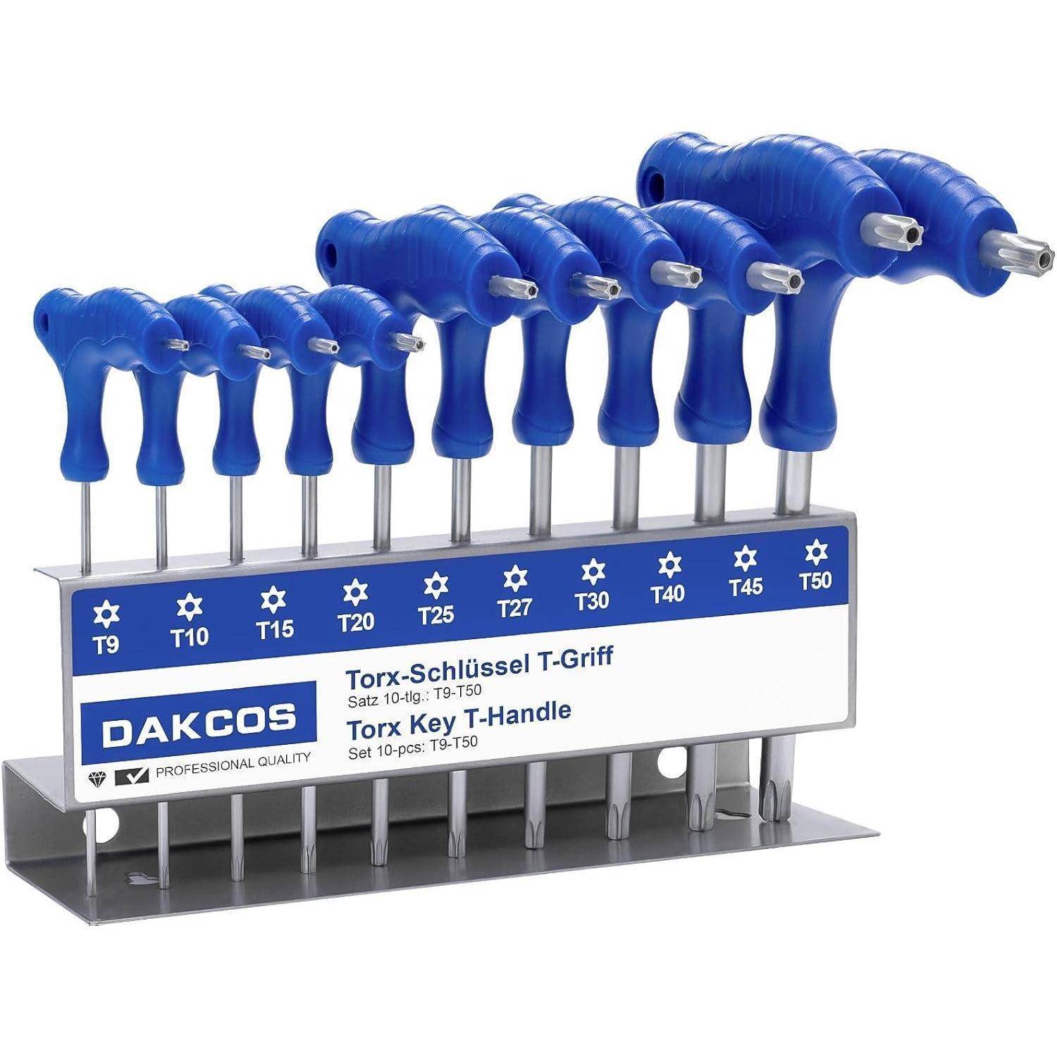Satz blauer Torx-T-Griff-Schraubendreher in einem Halter, mit Beschriftung T9 bis T50, für professionelle Werkzeuglagerung und Größenauswahl.