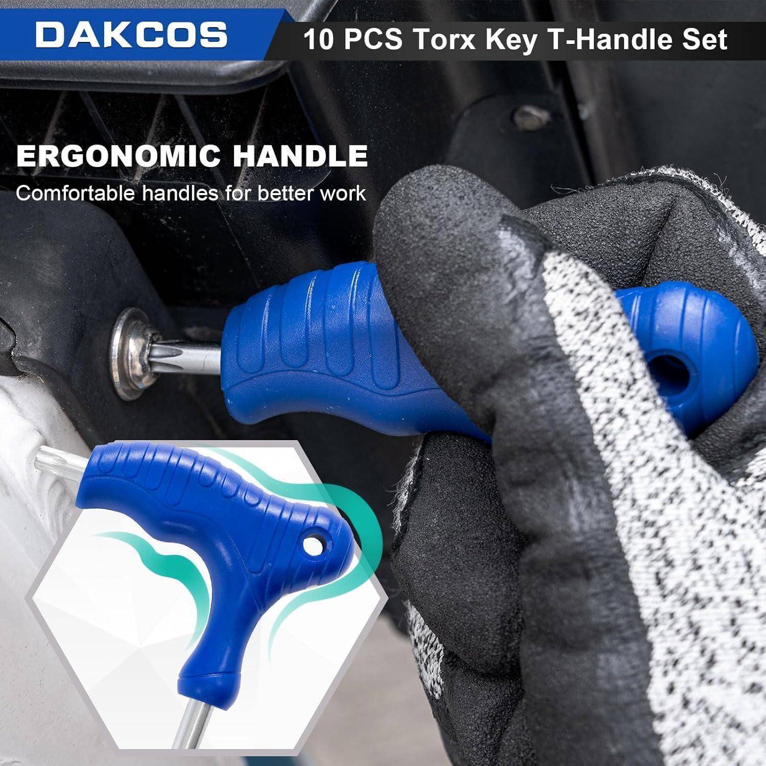 Behandschuhte Hand, die einen blauen DAKCOS Torx T-Griff-Schlüssel an einer Schraube verwendet, mit Text, der ein 10-teiliges ergonomisches Griff-Set für komfortable Arbeit bewirbt.