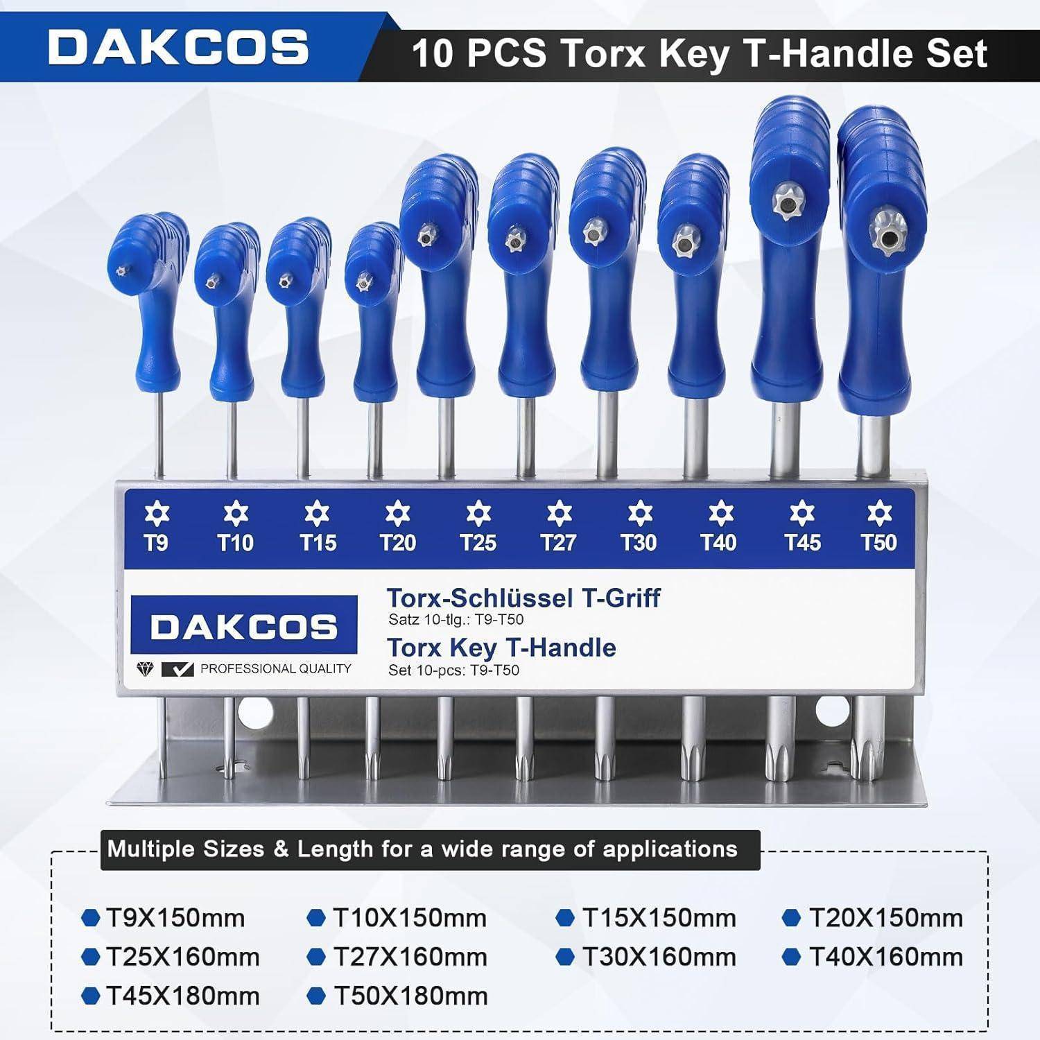 Dakkos 10-teiliger Torx-Schlüsselsatz mit T-Griff und blauen Griffen, Größen T9 bis T50, gezeigt in einem Metallständer und einer Größentabelle.