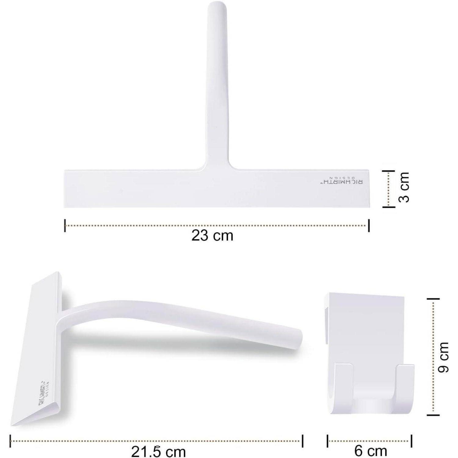 Weiß montiertes Wandhaken-Regal, das in drei Ansichten gezeigt wird, mit beschrifteten Abmessungen von 23 cm Breite, 3 cm Höhe, 21,5 cm Tiefe und 6 mal 9 cm für das Seitenteil.