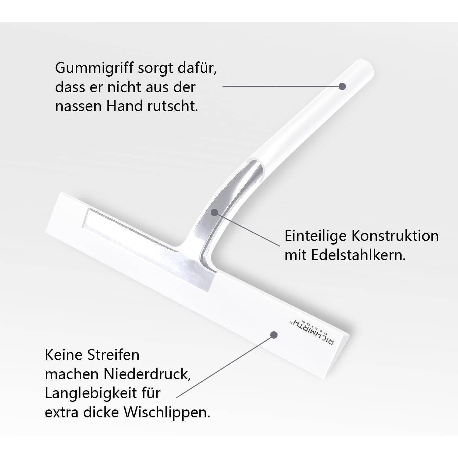 Diagramm einer Fensterabzieher mit Beschriftungen: Gummigriff verhindert Rutschen in nassen Händen, einteilige Konstruktion aus Edelstahl und keine Streifen durch besonders dicke Ersatzblätter.