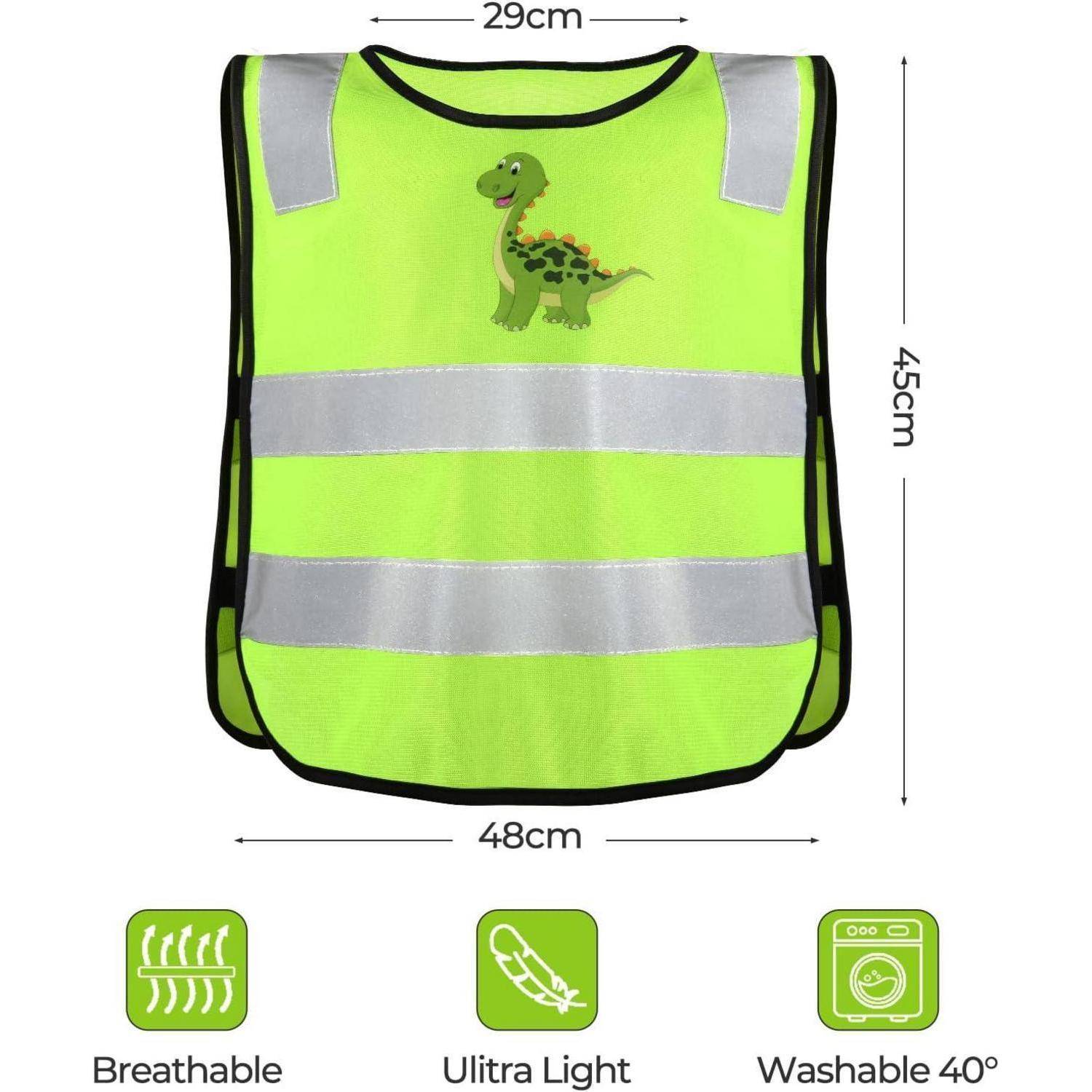 Neongelbe reflektierende Sicherheitsweste für Kinder mit Dinosaurier-Grafik, gezeigt mit Abmessungen von 29 cm x 45 cm x 48 cm und Symbolen für atmungsaktiv, ultraleicht, waschbar 40°.