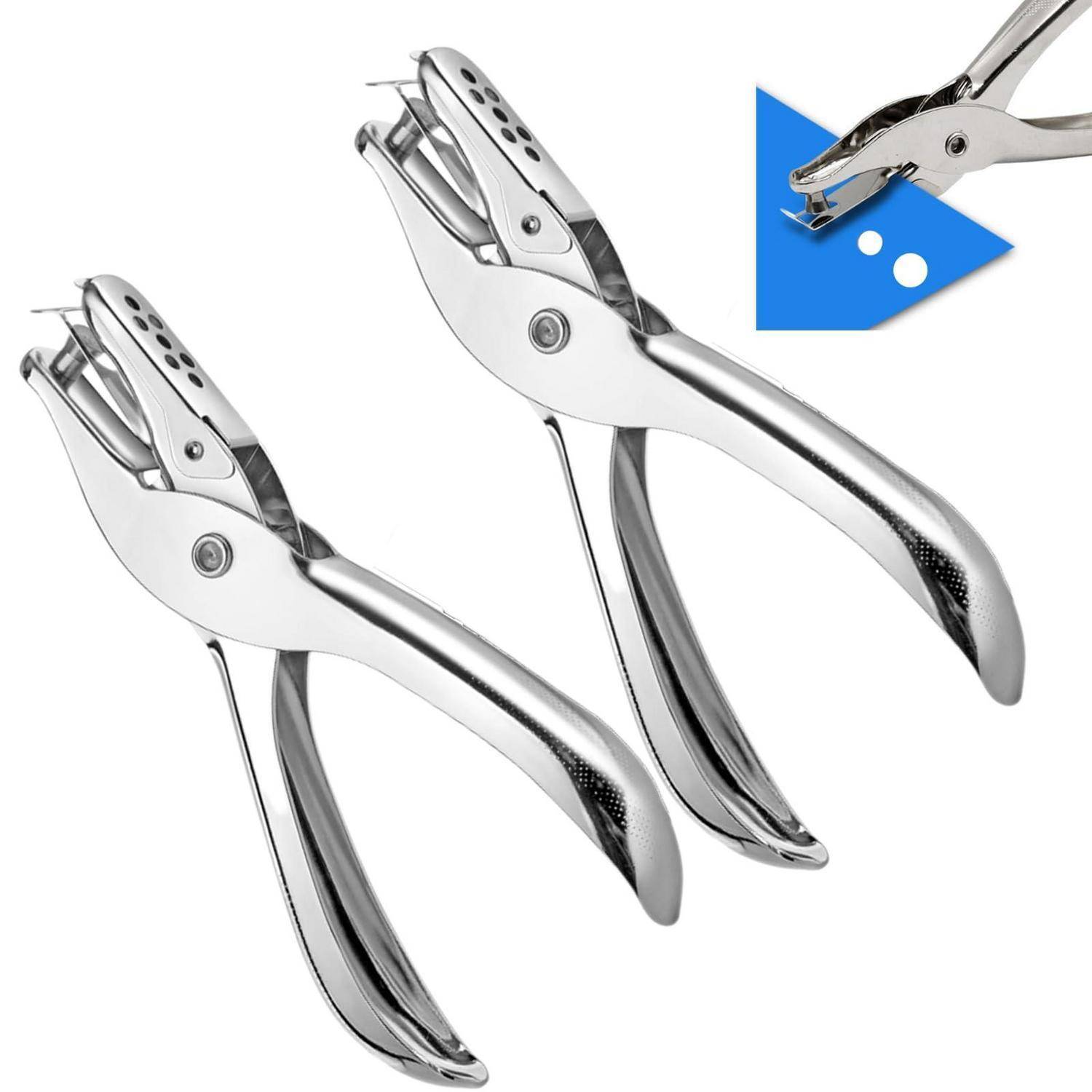 Zwei silberne Metall-Locher auf weißem Hintergrund, mit einer kleinen Vergrößerung, die einen Locher zeigt, der blaue Blätter mit runden Löchern stanzt.