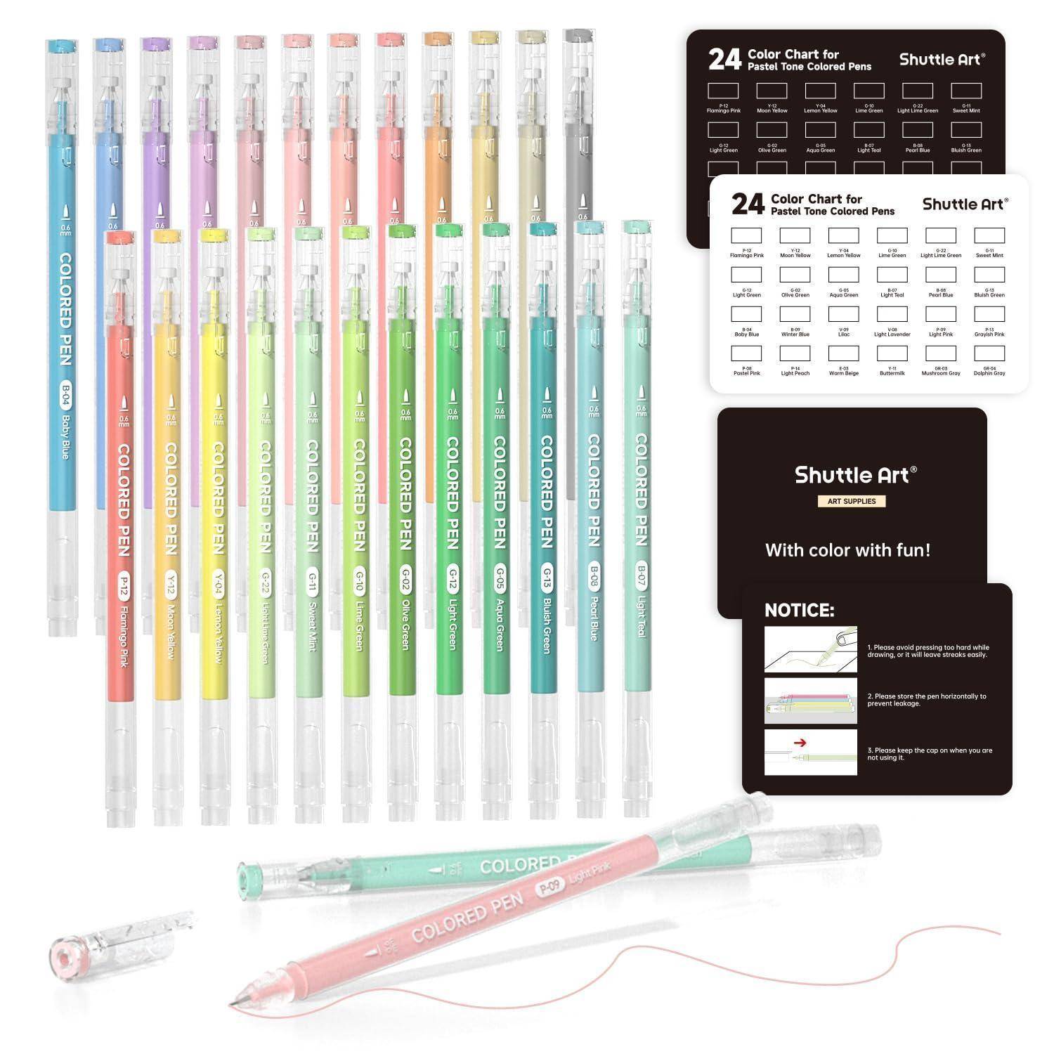 Satz von Shuttle Art farbigen Gel-Stiften in Pastelltönen, mit zwei 24er-Farbkarten und Verpackungs-/Anleitungskarten mit der Aufschrift „Mit Farbspaß!