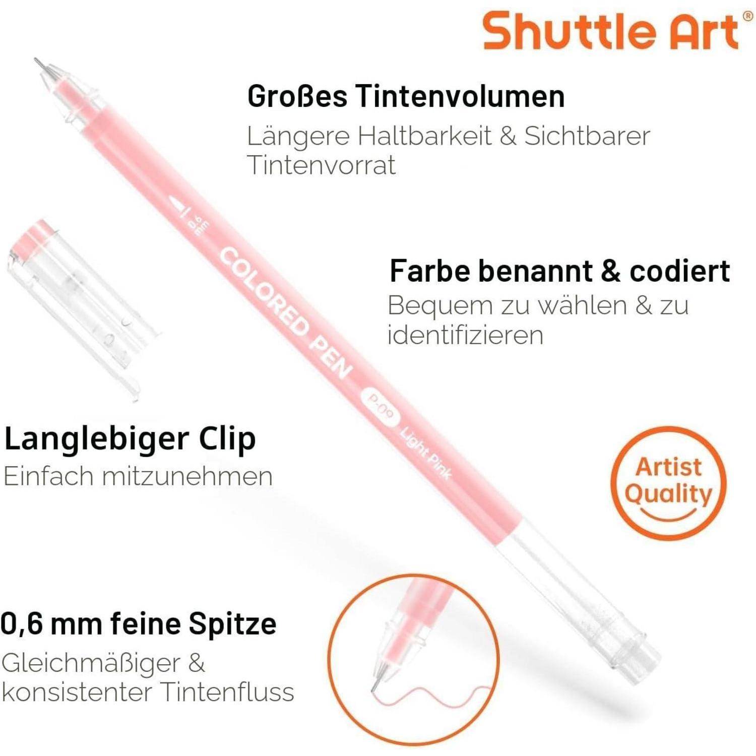 Shuttle Art farbiger Stift-Anzeige mit einem rosa Marker und gekennzeichneten Merkmalen: großes Tintenvolumen, Farbcodierung zur Identifikation, strapazierfähiger Clip und 0,6 mm feiner Spitze.