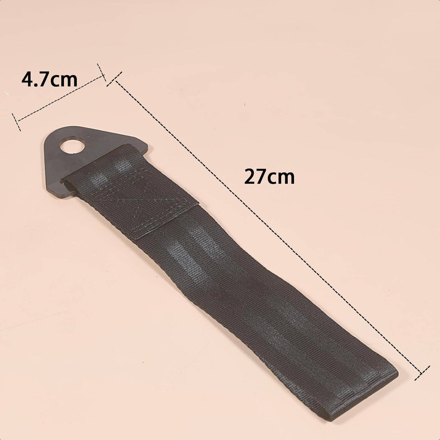 Schwarzes Band mit dreieckiger Montagellasche und Loch, gezeigt mit Abmessungen von 4,7 cm Breite und 27 cm Länge.