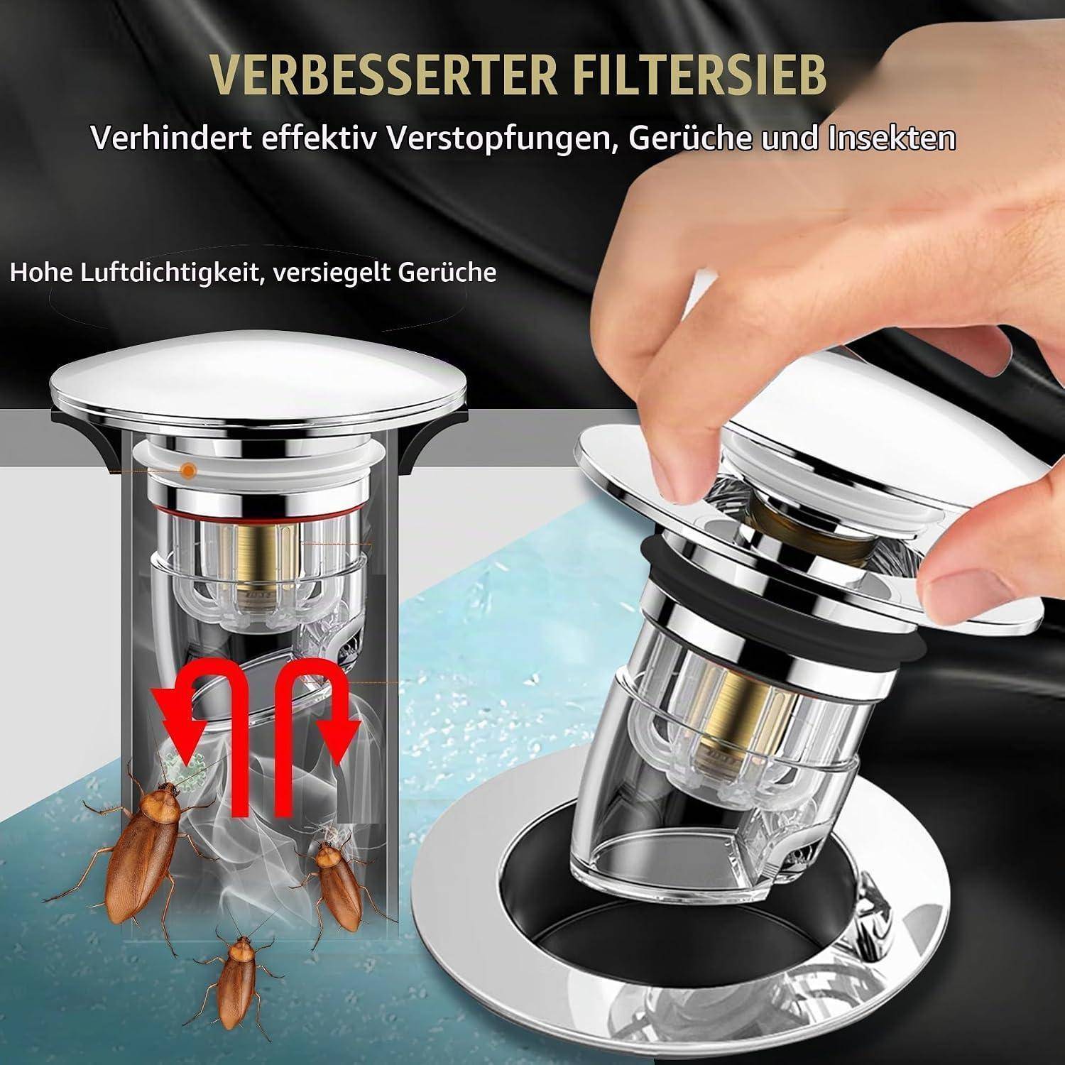 Werbung für einen Ablauffilter mit Chromabdeckung, dargestellt in geöffneter und geschlossener Position, mit der Behauptung einer verbesserten Vorbeugung gegen Verstopfungen, Geruchsbildung und Insekten sowie einer dichten Abdichtung.
