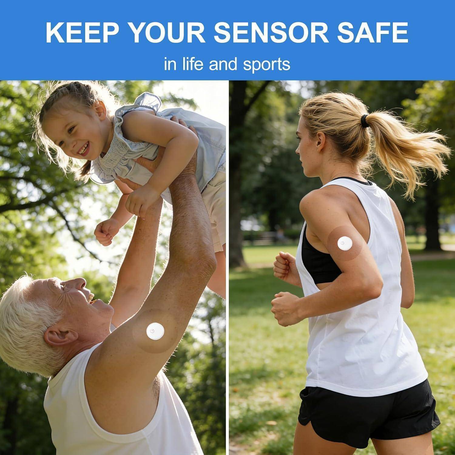 Plakat mit dem Text „KEEP YOUR SENSOR SAFE" und „in life and sports""; zeigt einen weißen Sensor auf dem Oberarm eines älteren Mannes, der ein Kind hochhebt, und auf dem Oberarm einer weiblichen Läuferin.