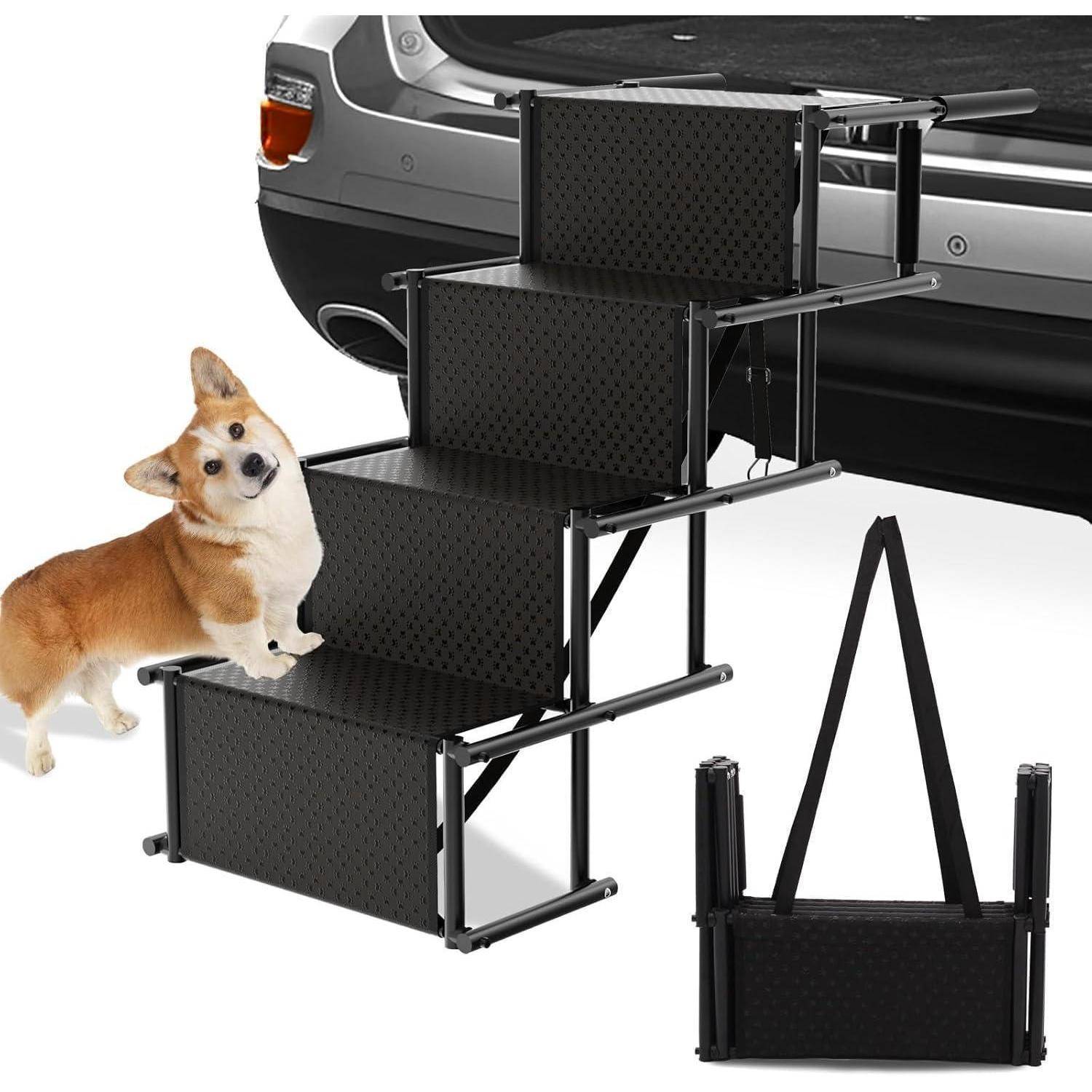 Treppen für Haustiere zum Aufklappen, die am Auto montiert sind, dargestellt in ausgefahrenem Zustand neben einem Auto mit einem Corgi, plus die eingeklappten Treppen, die als kompakte Tasche getragen werden.