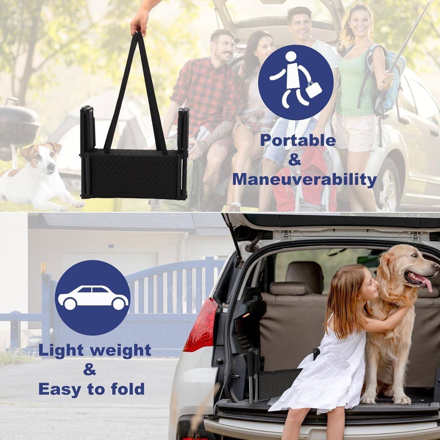 Werbegrafik für einen faltbaren Haustiertransportbeutel, die eine schwarze Tragetasche im Tote-Stil und einen Kofferraum mit einem Kind zeigt, das einen Hund umarmt, und die Portabilität und das leichte, leicht zu faltbare Design hervorhebt.