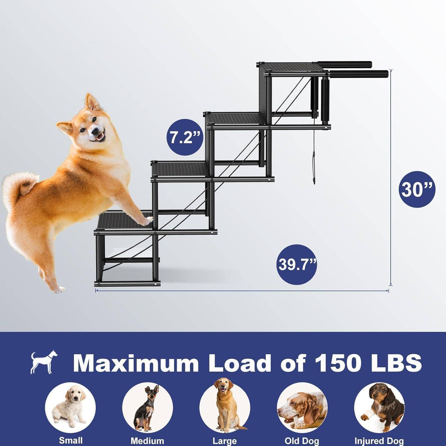 Illustration einer faltbaren Haustierrampe für Hunde mit den Abmessungen 39,7 Zoll Länge, 30 Zoll Höhe, 7,2 Zoll Stufenhöhe und maximaler Belastung von 150 Pfund.
