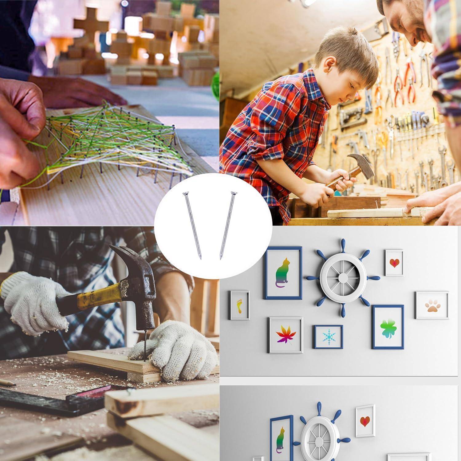 Collage aus praktischen Holzbearbeitungs- und Handwerkszenen, mit einem zentralen Bild von zwei Nägeln, das DIY-Zimmermannsarbeiten und Heimwerkerreparaturprojekte andeutet.