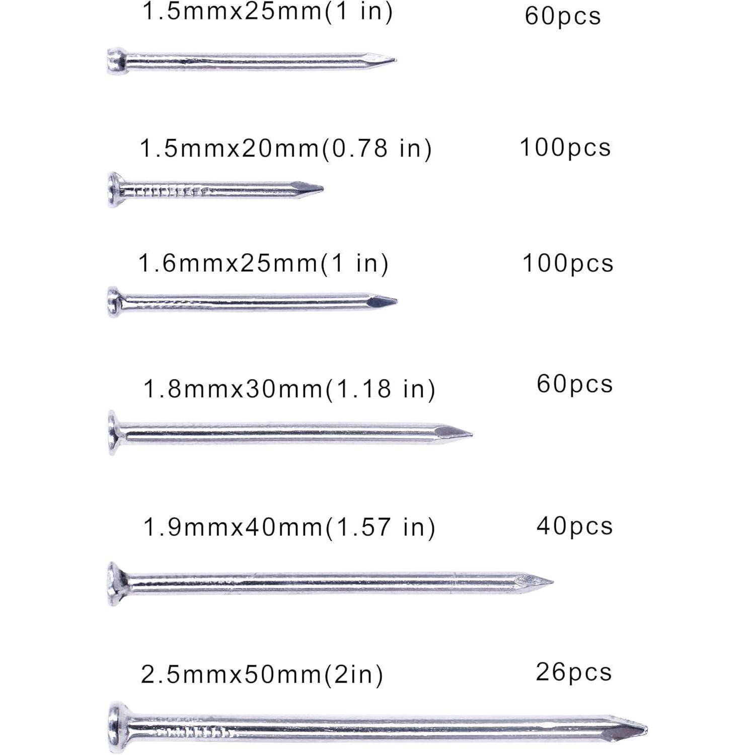Diagrammstil-Produktbild von assortiertem Nagelsortiment mit aufgelisteten Größen und Mengen: 1,5mmx25mm 60Stück, 1,5mmx20mm 100Stück, 1,6mmx25mm 100Stück, 1,8mmx30mm 60Stück, 1,9mmx40mm 40Stück, 2,5mmx50mm 26Stück.