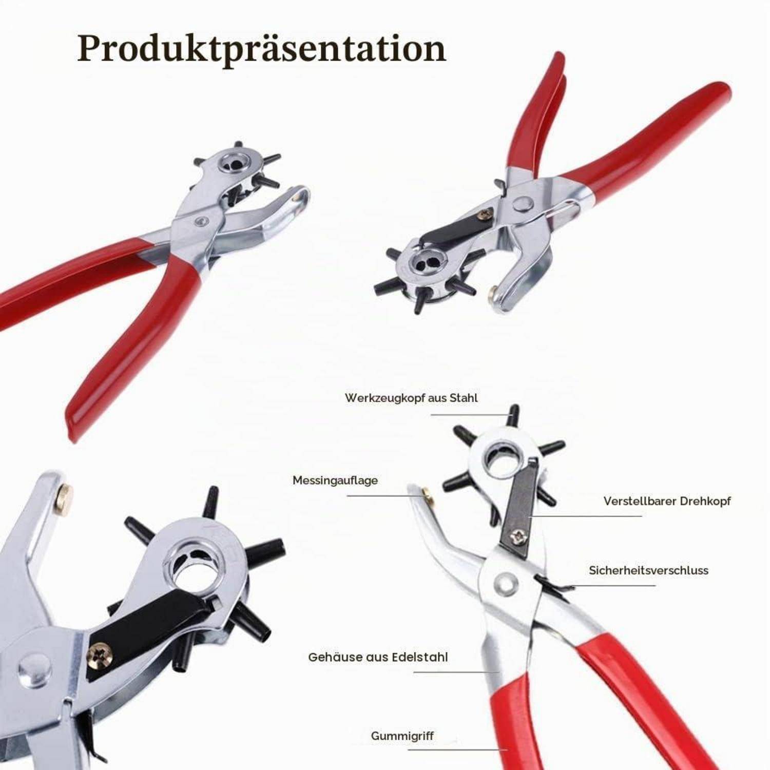 Produktpräsentation der Lederlochzange mit roten Griffen von mehreren Winkeln dargestellt, mit beschrifteten Teilen in Deutsch: Stahlkopf, Messingpad, verstellbarer Drehkopf, Sicherheitsverriegelung, Edelstahlkörper und Gummigriff.