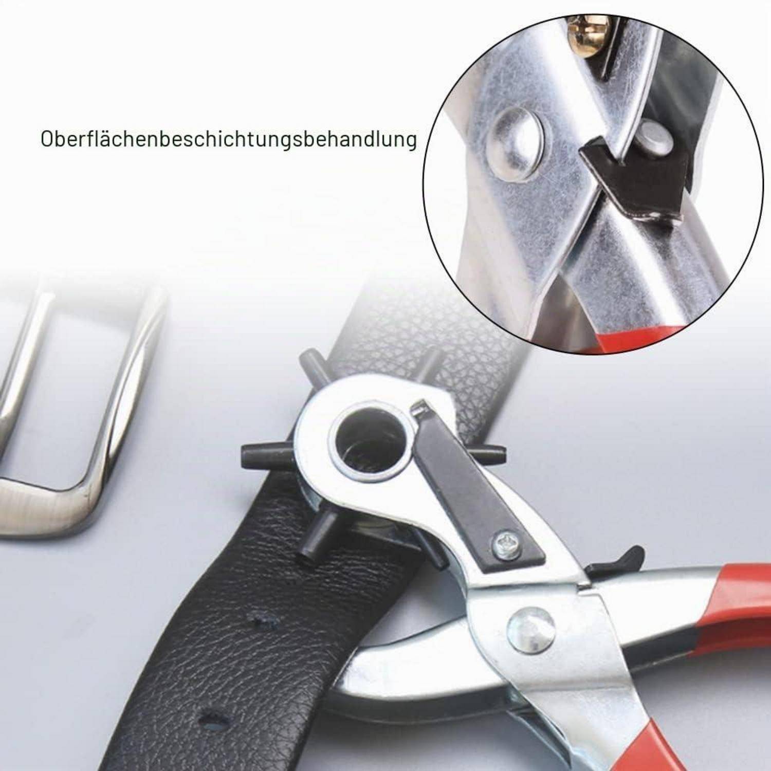 Nahaufnahme einer metallischen Loch- oder Nietenzange auf einem schwarzen Riemen, mit einer Vergrößerung der beschichteten Metalloberfläche und dem Text „Oberflächenbeschichtungsbehandlung