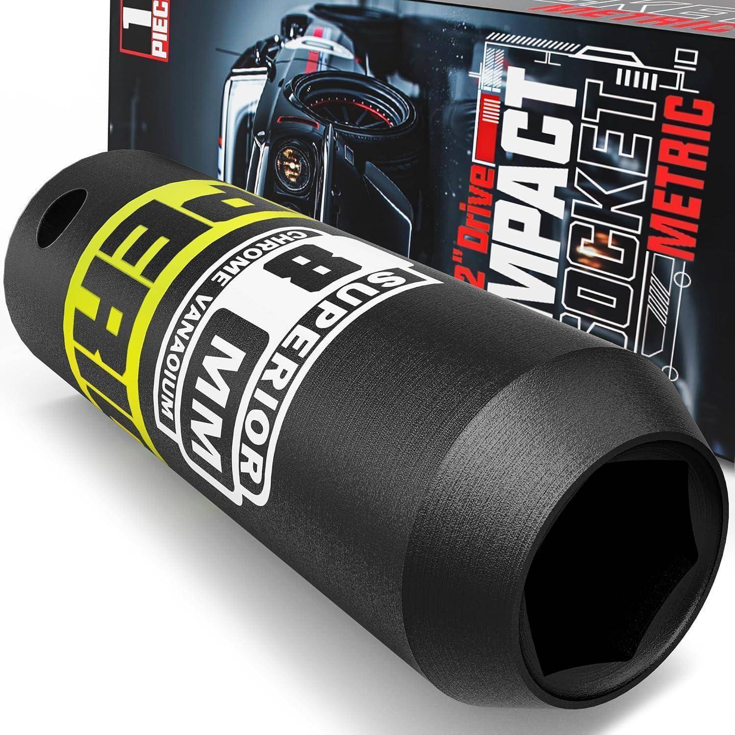 Schwarzes Steckschlüssel-Verlängerungswerkzeug mit gelben und weißen Größenmarkierungen, neben einer Verpackung mit der Bezeichnung „Impact Socket Metric