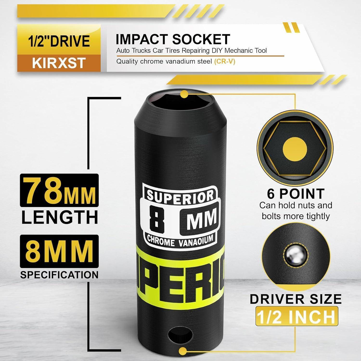Produktbild einer schwarzen Schlagschraube mit 1/2-Zoll-Antrieb, mit der Bezeichnung „KIRXST", 78 mm Länge, 8 mm Ausführung und 6-Kant-Design zum Anziehen von Muttern und Schrauben.
