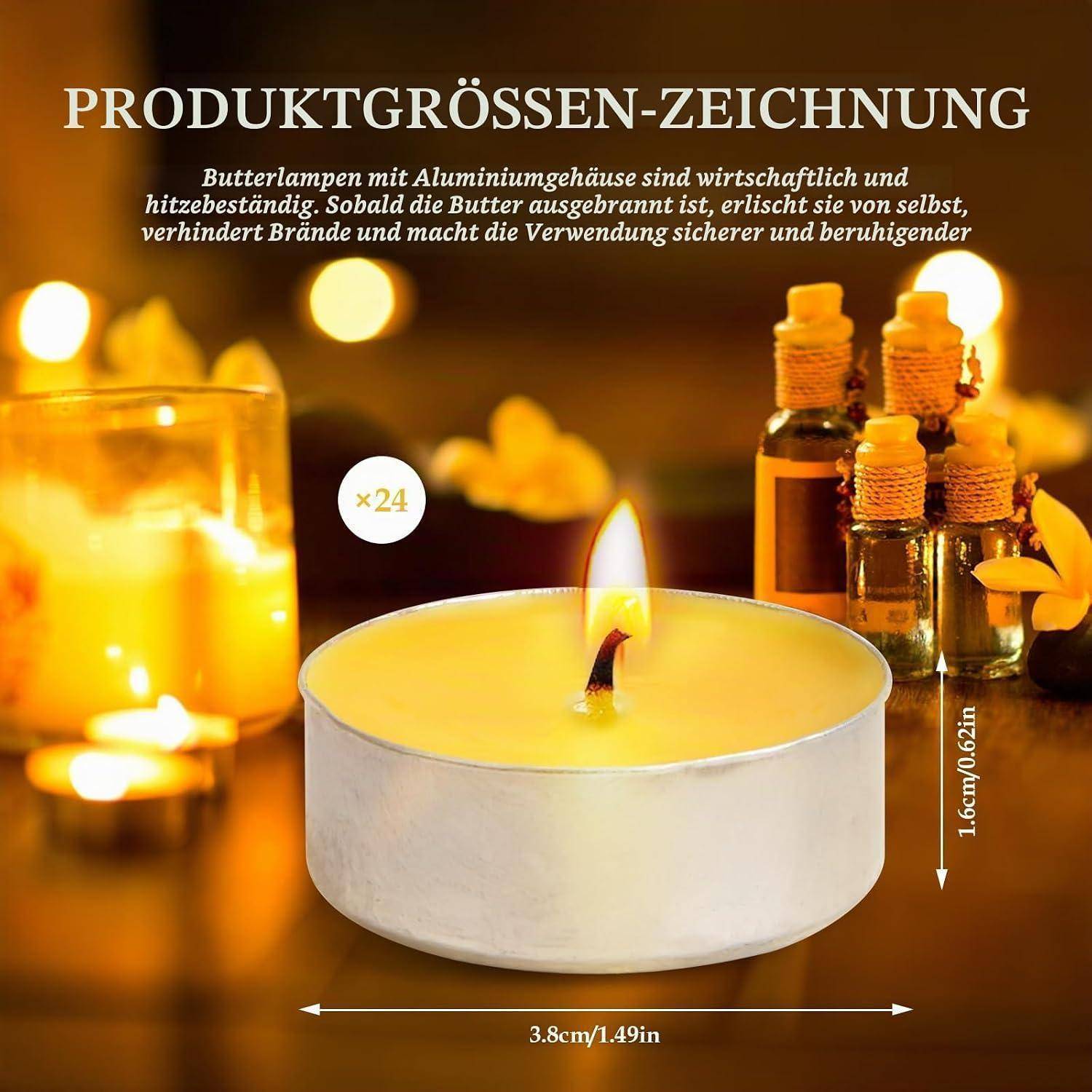 Größendiagramm für ein Teelicht: rundes weißes Kerzenlicht in Aluminiumbehälter, 3,8 cm breit und 1,6 cm hoch, mit „x24