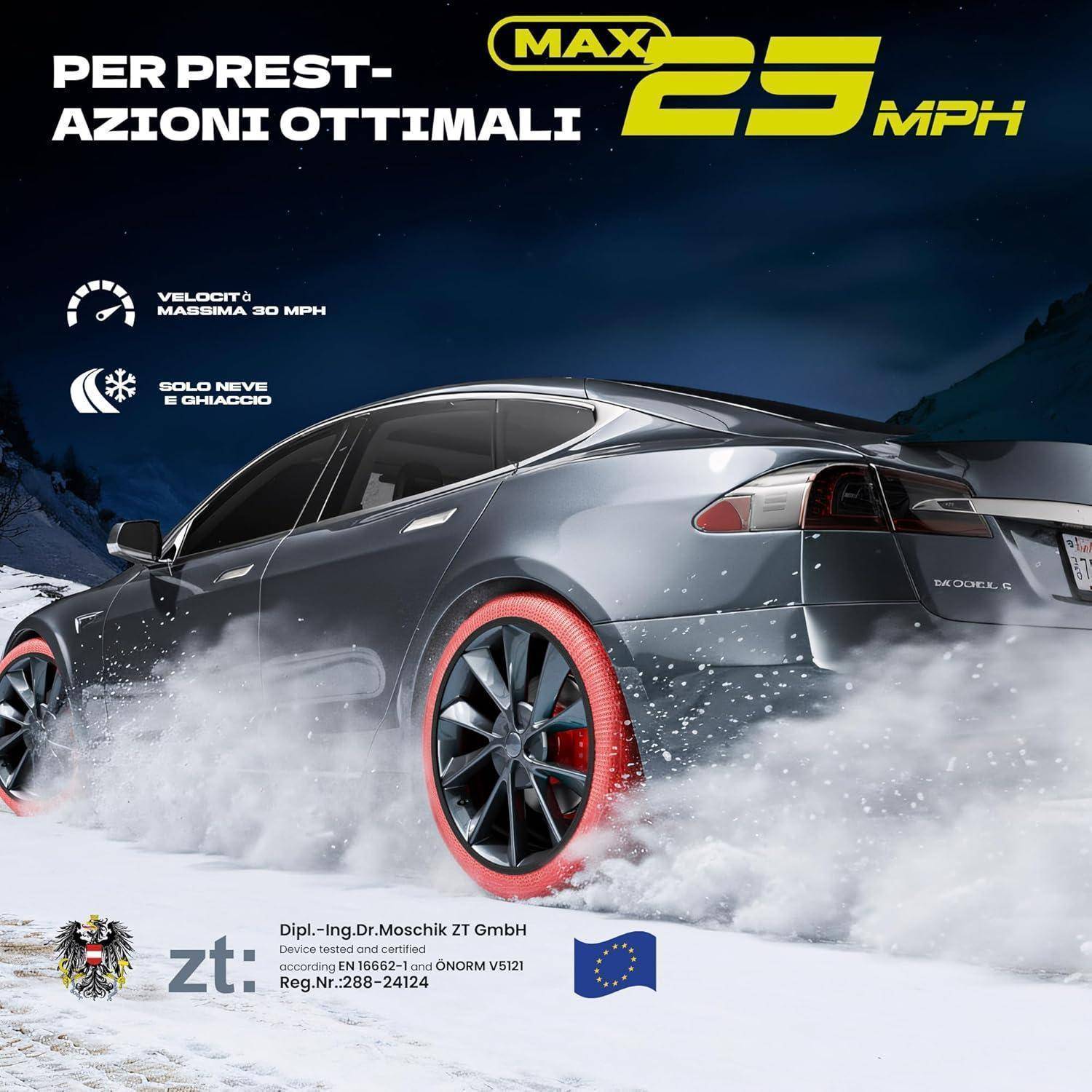Anzeige für ein Auto im Schnee mit italienischem Text „Per prestazioni ottimali