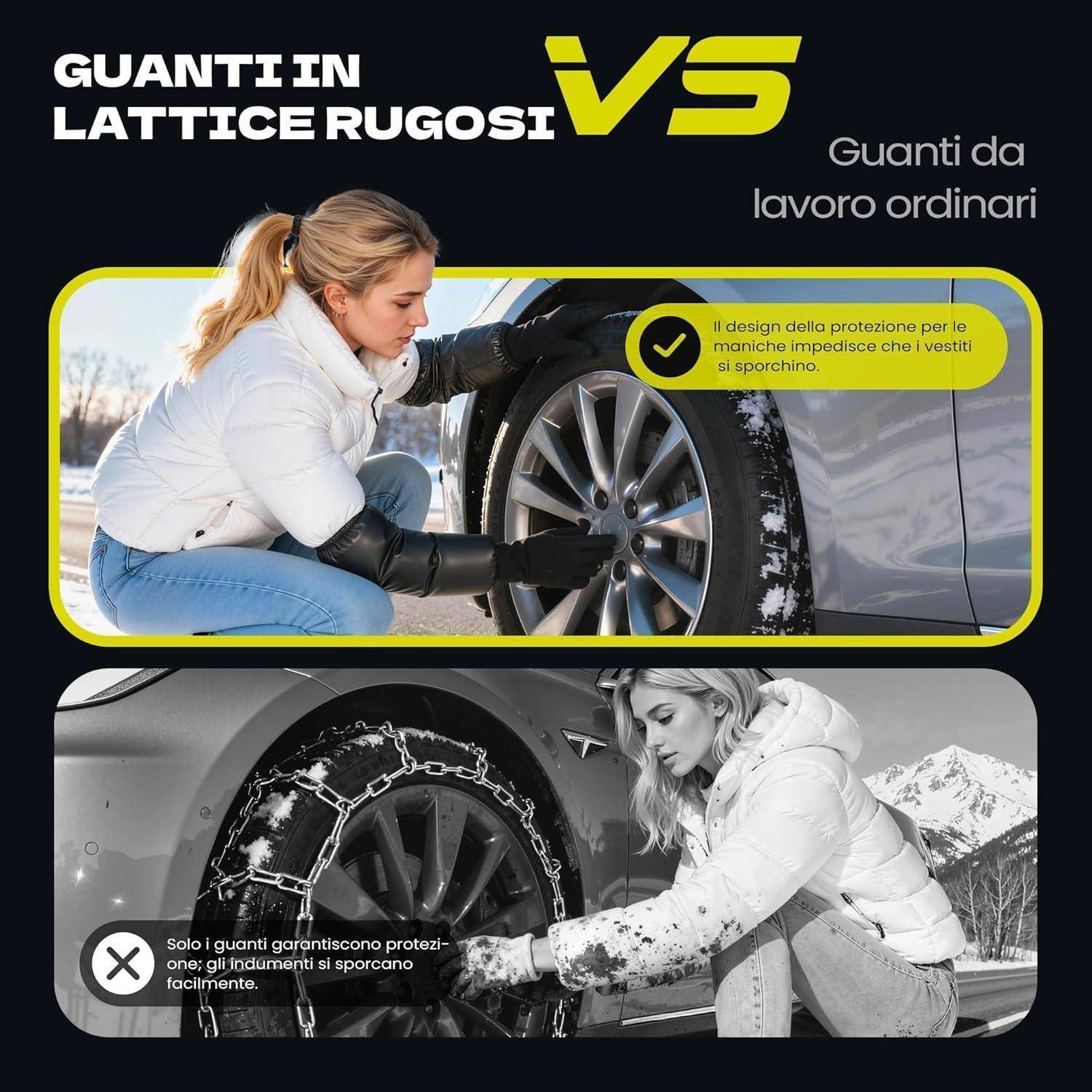 Vergleichswerbung zeigt Arbeitshandschuhe für Winter gegenüber gewöhnlichen Handschuhen beim Reinigen einer Autofelge: Die Schutzhandschuhe halten die Ärmel sauber, gewöhnliche Handschuhe werden schmutzig.
