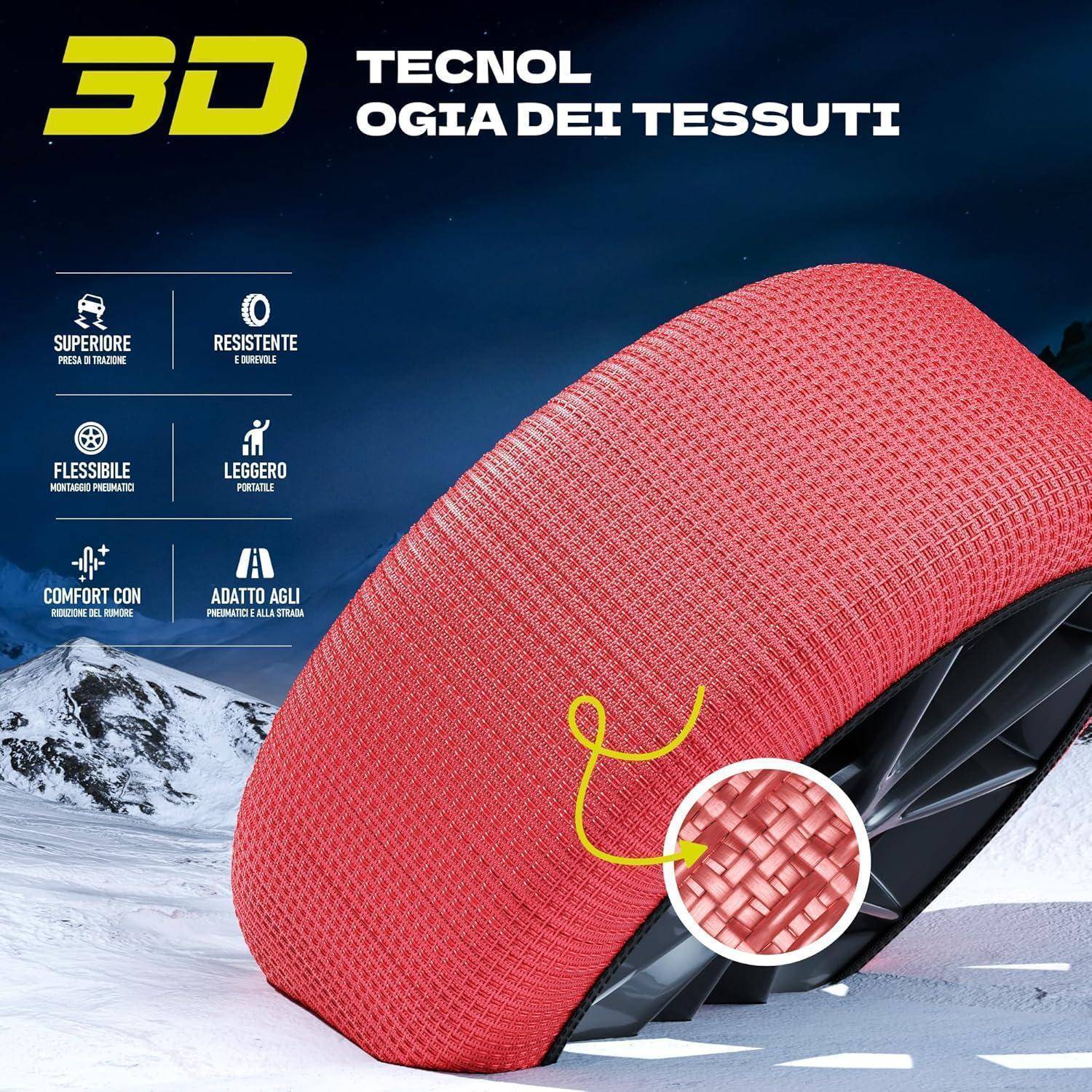 Werbegrafik eines roten 3D-Stoffreifenschutzes mit italienischem Text „TECNOL O GIA DEI TESSUTI